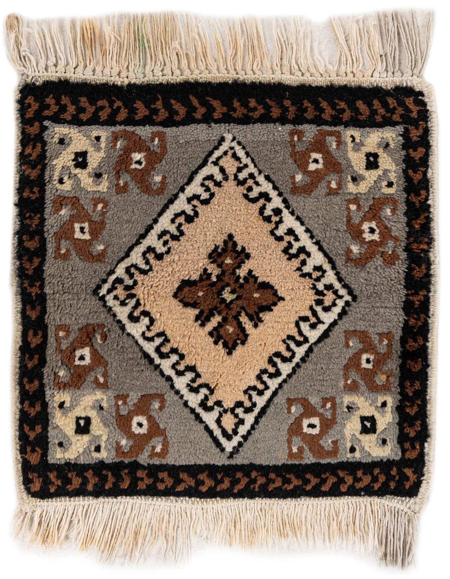 A 1' 3 x 1' 5 square gray wool rug with a traditional Persian medallion pattern in the center.