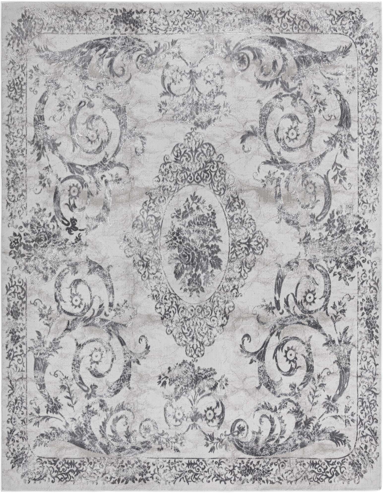 A 7' 10 x 7' 10 square gray area rug with a traditional medallion pattern and ornate floral details.