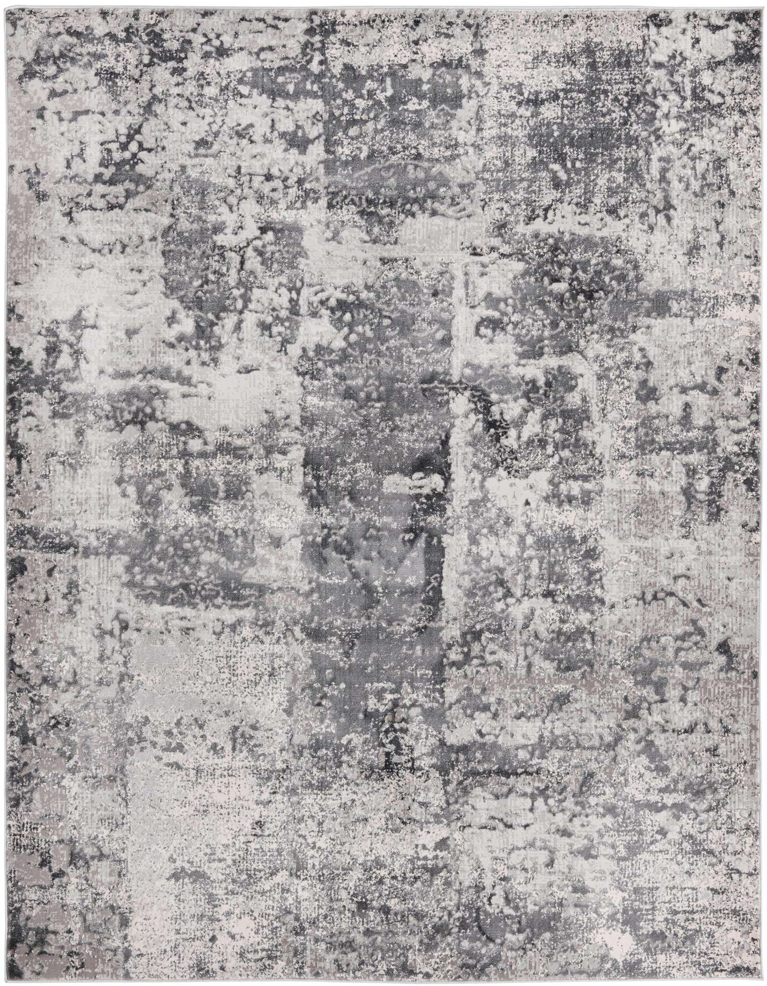 A 7' 10 x 7' 10 square gray and silver modern abstract rug with a high/low textured pile.