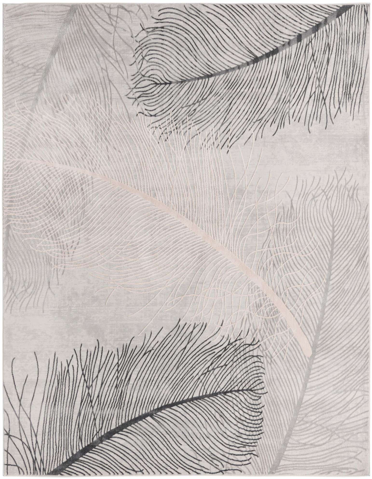 A square gray area rug featuring a modern tropical design with large, textured feather patterns in varying shades of gray, silver, and light pink.