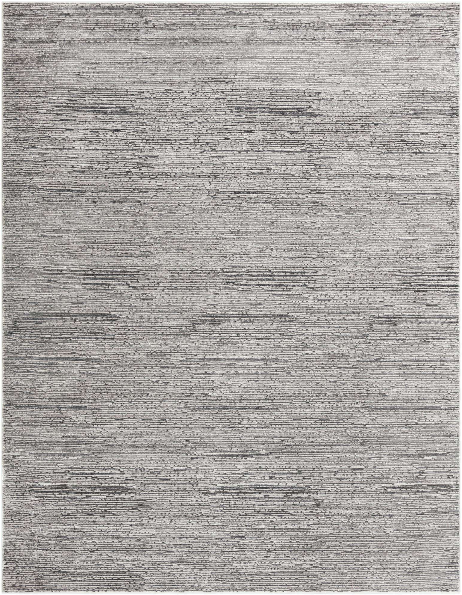 A 10'x10' square gray and silver area rug with a textured, horizontal striped pattern, suitable for a modern living room or patio.