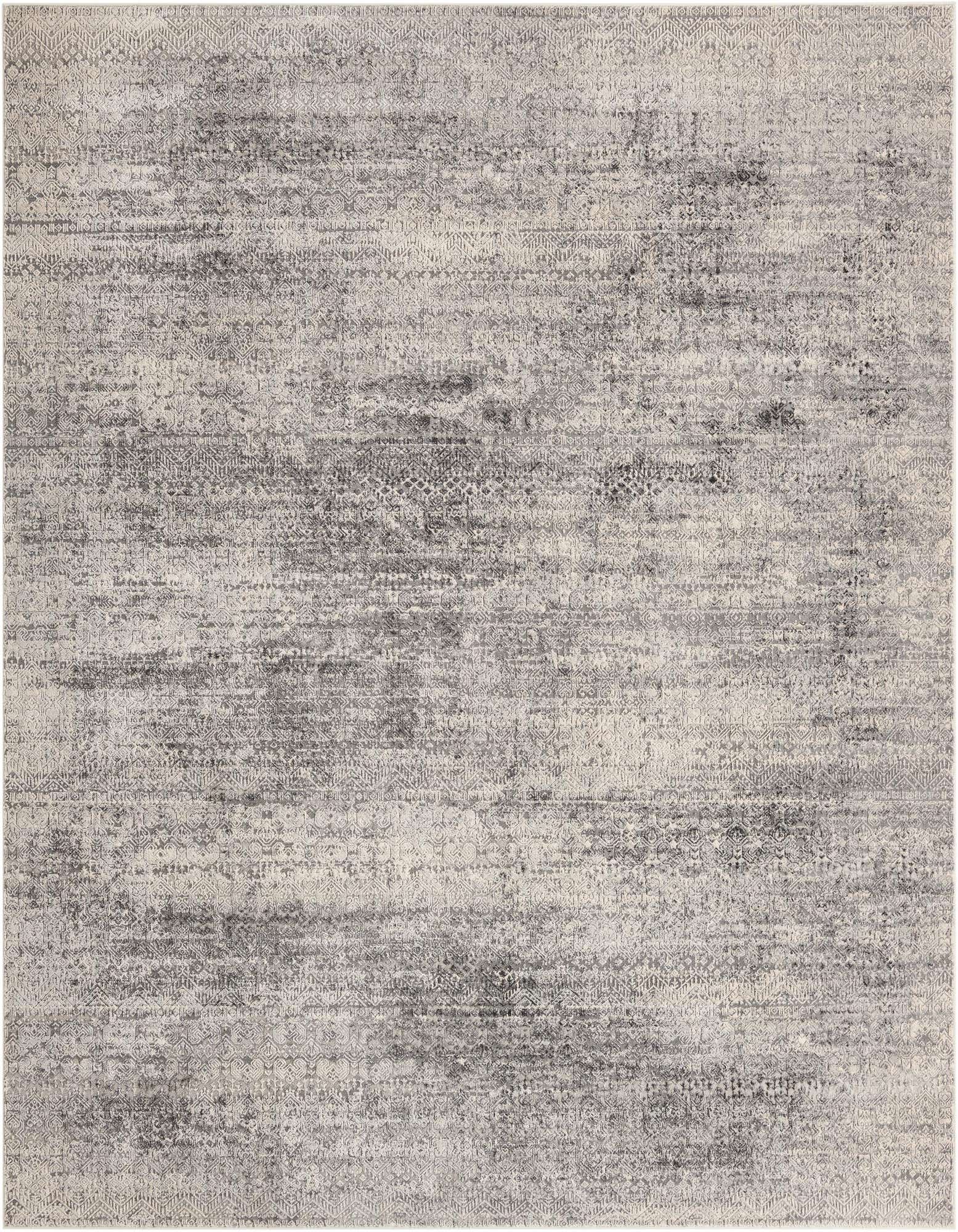 A 10'x10' square gray and silver area rug with a distressed, abstract pattern, suitable for a modern living room or patio.