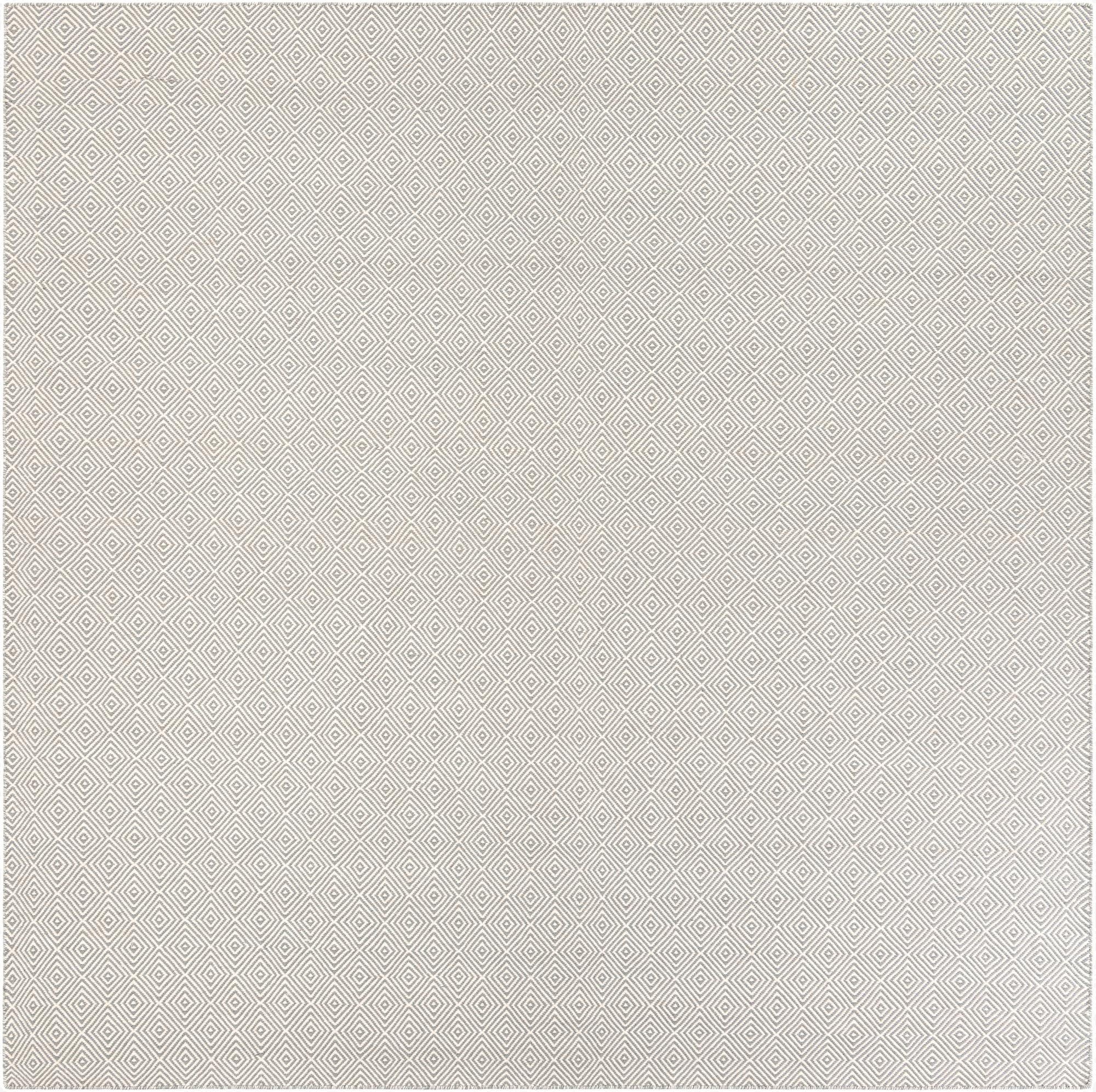 A 10'x10' square gray flatweave rug with a modern trellis pattern, perfect for a contemporary living room.