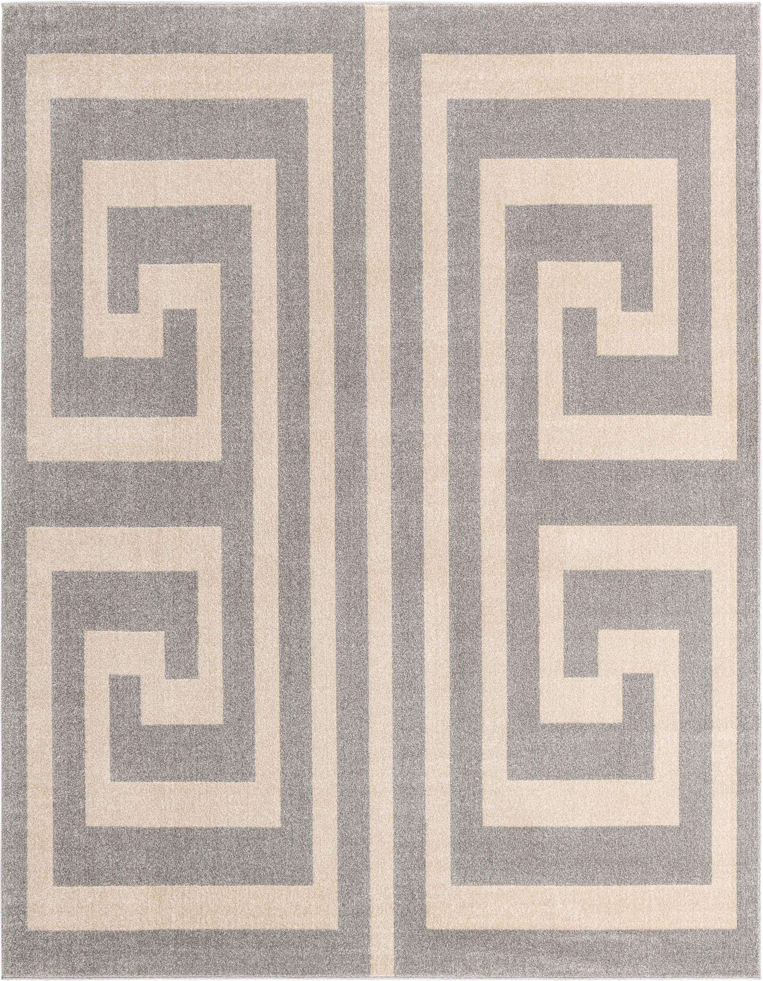 A square gray and beige rug featuring a bold, repeating Greek key pattern, ideal for a modern living room.