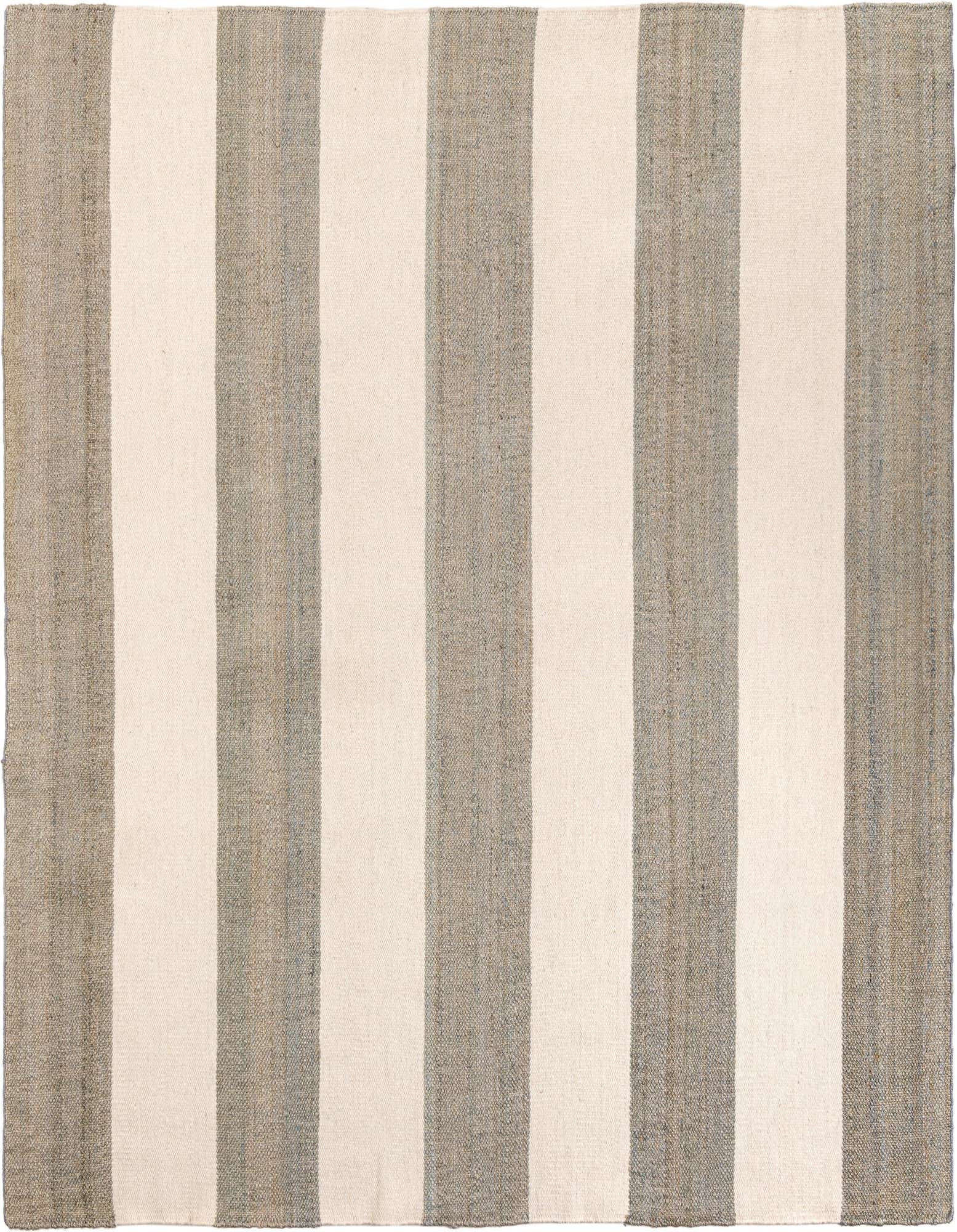 A 10'x10' square Jill Zarin Hamptons rug with wide alternating gray and off-white vertical stripes, showcasing its natural jute and wool texture.