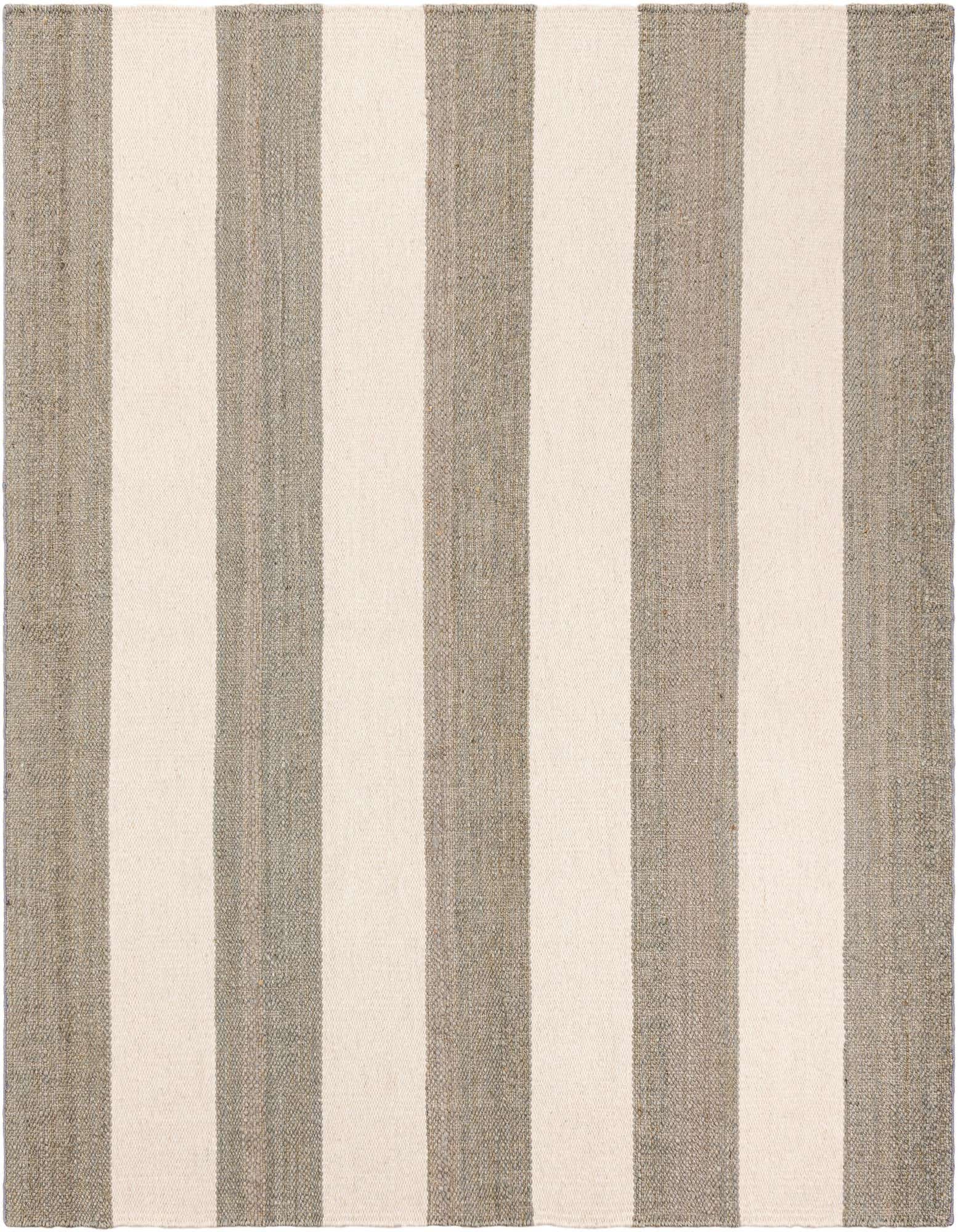 A 7' 10 x 7' 10 square gray and off-white striped jute and wool flatweave rug, ideal for a modern or coastal living space.