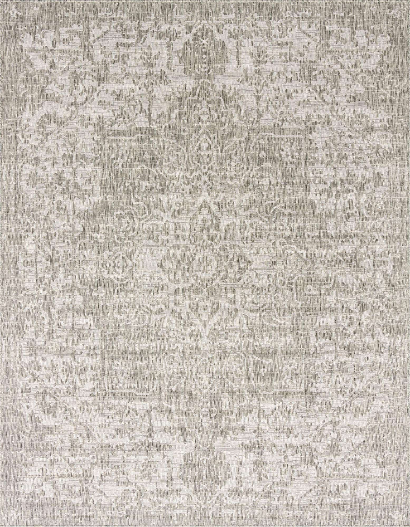 A 10' 8 x 10' 8 square gray and silver traditional medallion rug with a textured, flatweave design, suitable for indoor or outdoor use.