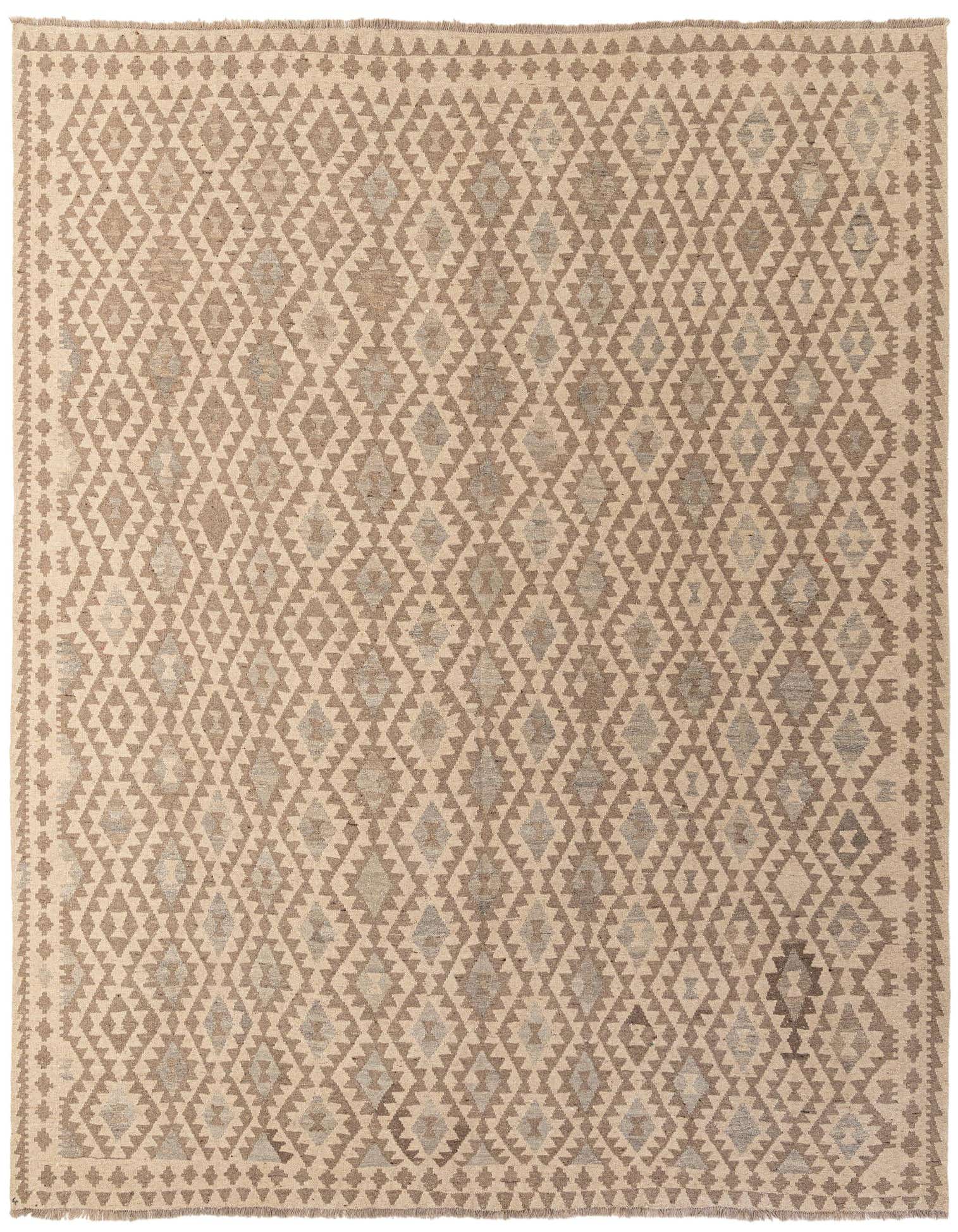 A square Kilim Maymana rug, 9' 10 x 10' 3, featuring a tribal geometric pattern in grays and silvers on a light background.