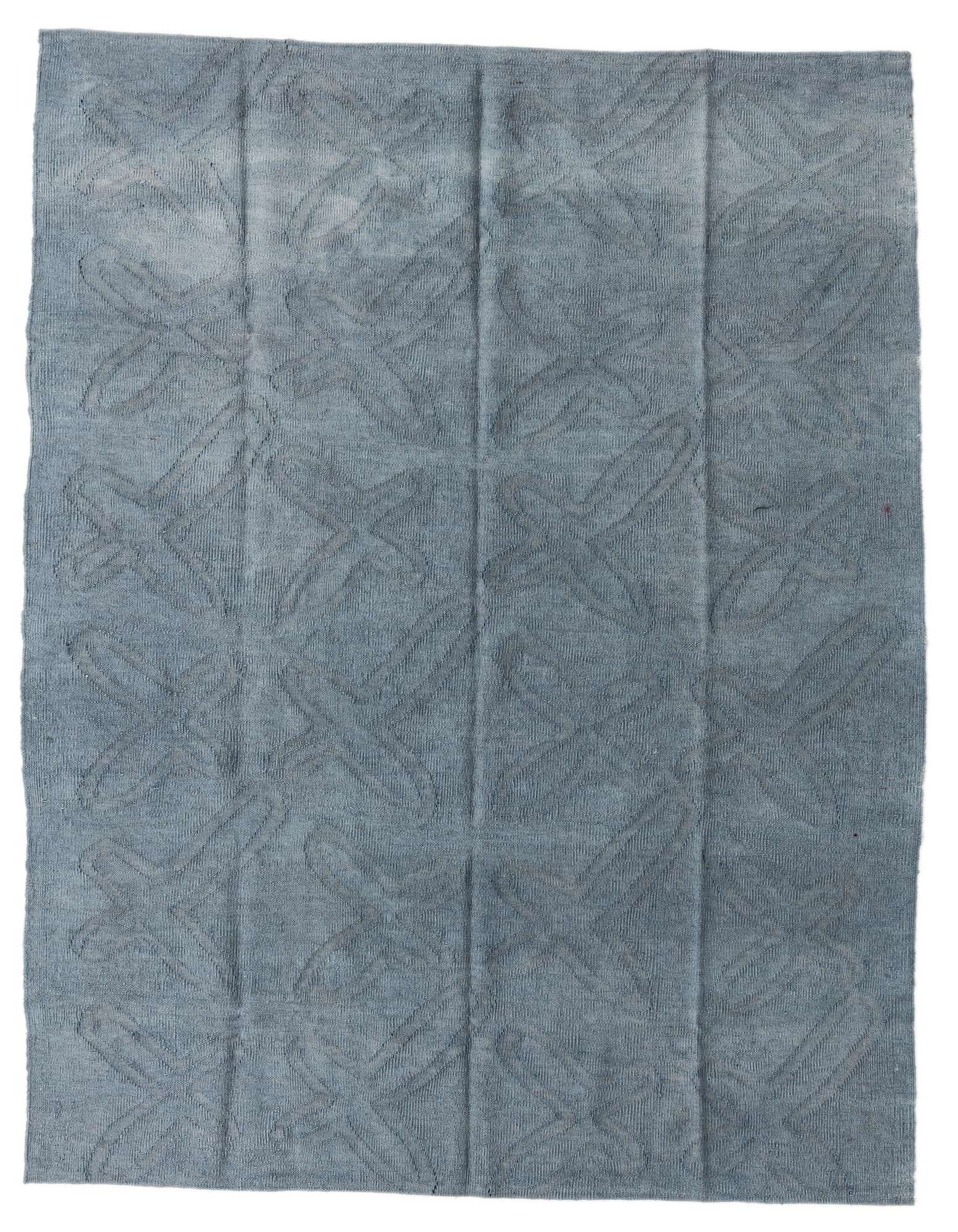 A 5' 3 x 6' 5 square gray flatweave wool rug with a subtle tribal abstract pattern.