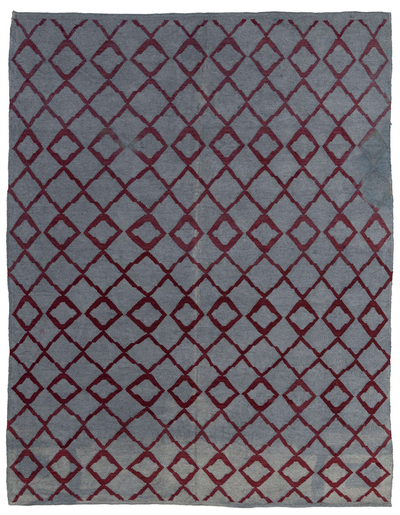 A 6'3 x 7'10 square gray wool rug with a repeating dark red tribal diamond pattern, showcasing its flatweave texture.