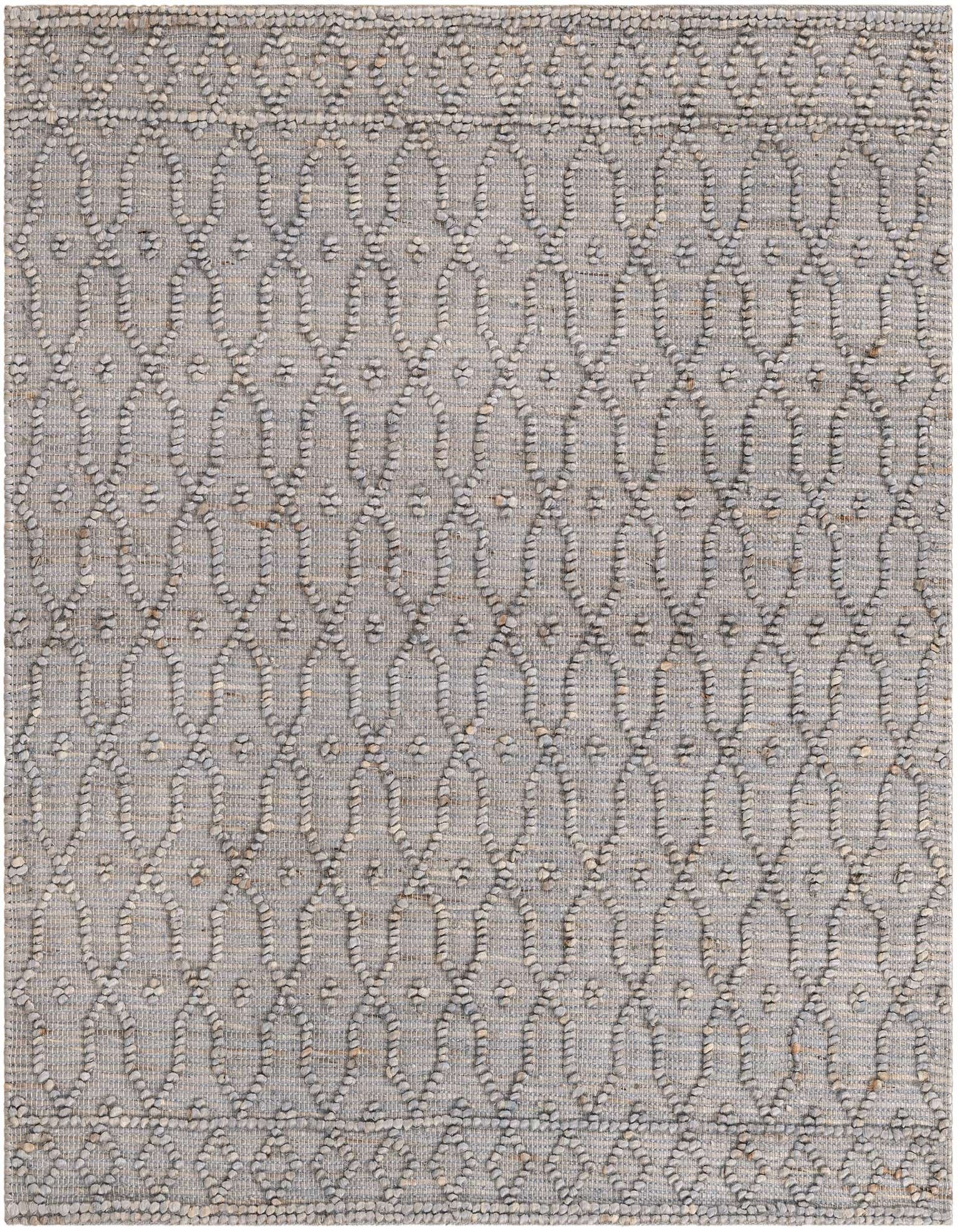 A 5' 3 x 5' 3 square gray jute and cotton rug with a modern trellis pattern and textured pile.