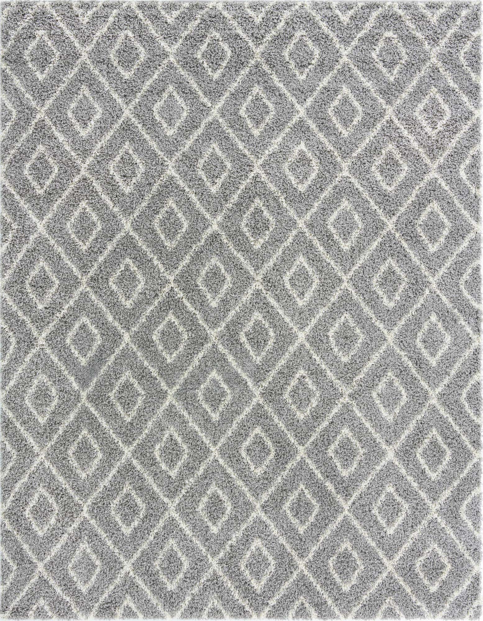 A 10' 0 x 10' 0 square gray shag rug with a modern white lattice pattern, featuring a high/low textured pile.