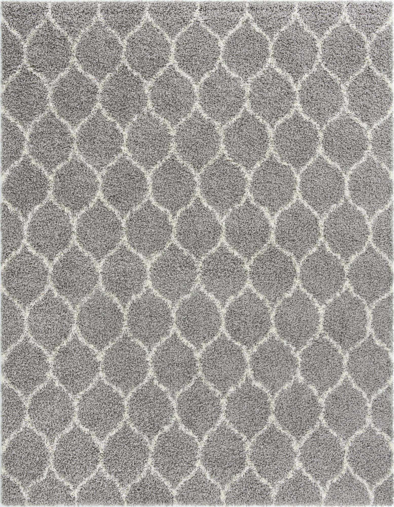 A 10'x10' gray square shag rug featuring a modern abstract lattice pattern in varying pile heights.