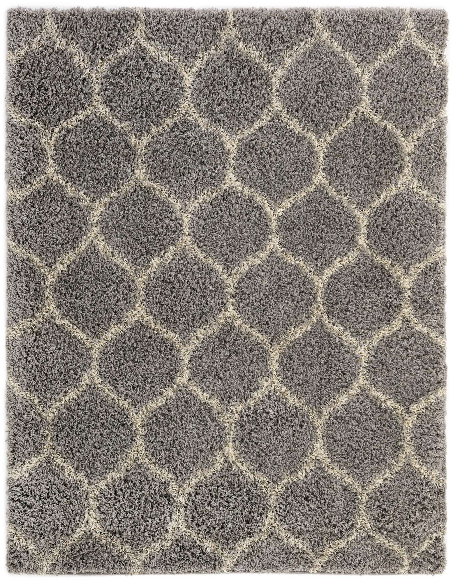 A square 6' 0 x 6' 6 gray shag area rug featuring a modern high/low textured lattice pattern in silver and cream.