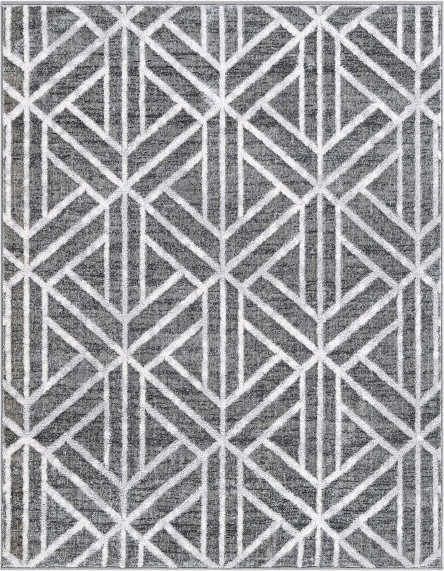 A 5' 3 x 5' 3 square gray modern rug with a repeating geometric lattice trellis pattern in varying shades of gray and silver, featuring a textured pile.