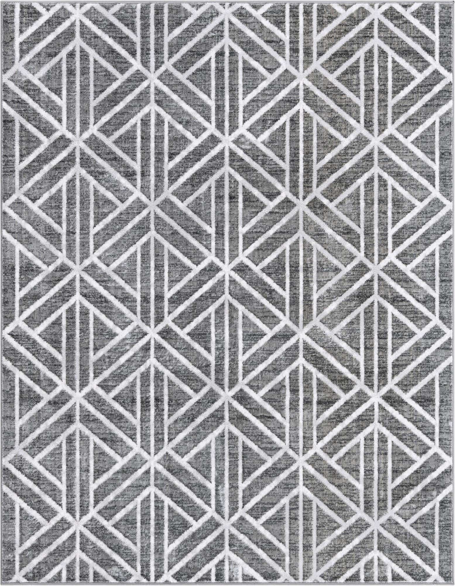 A square gray area rug featuring a modern geometric lattice trellis pattern in varying shades of gray and silver.
