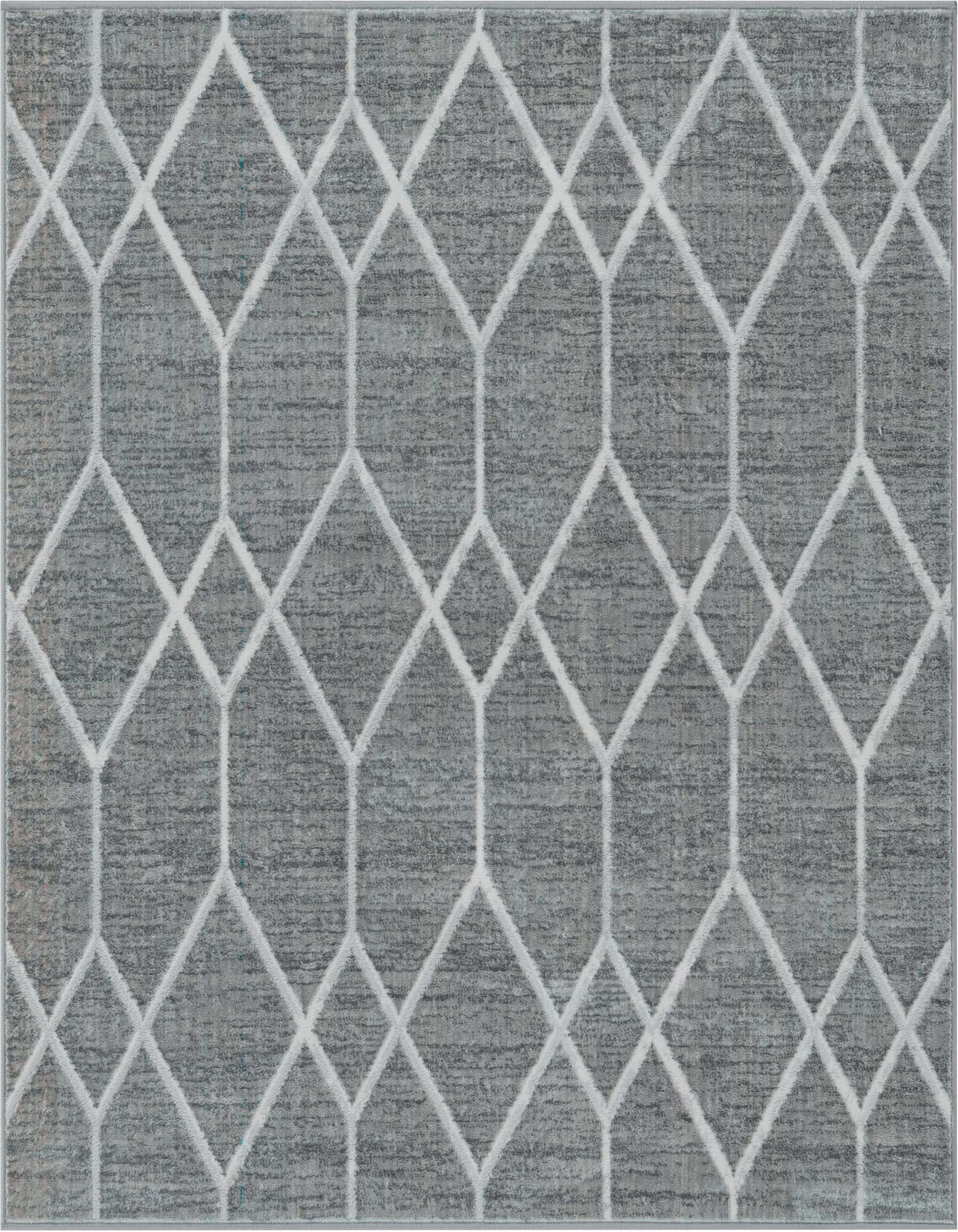 A 5' 3 x 5' 3 square gray area rug with a modern white trellis pattern, featuring a textured pile.