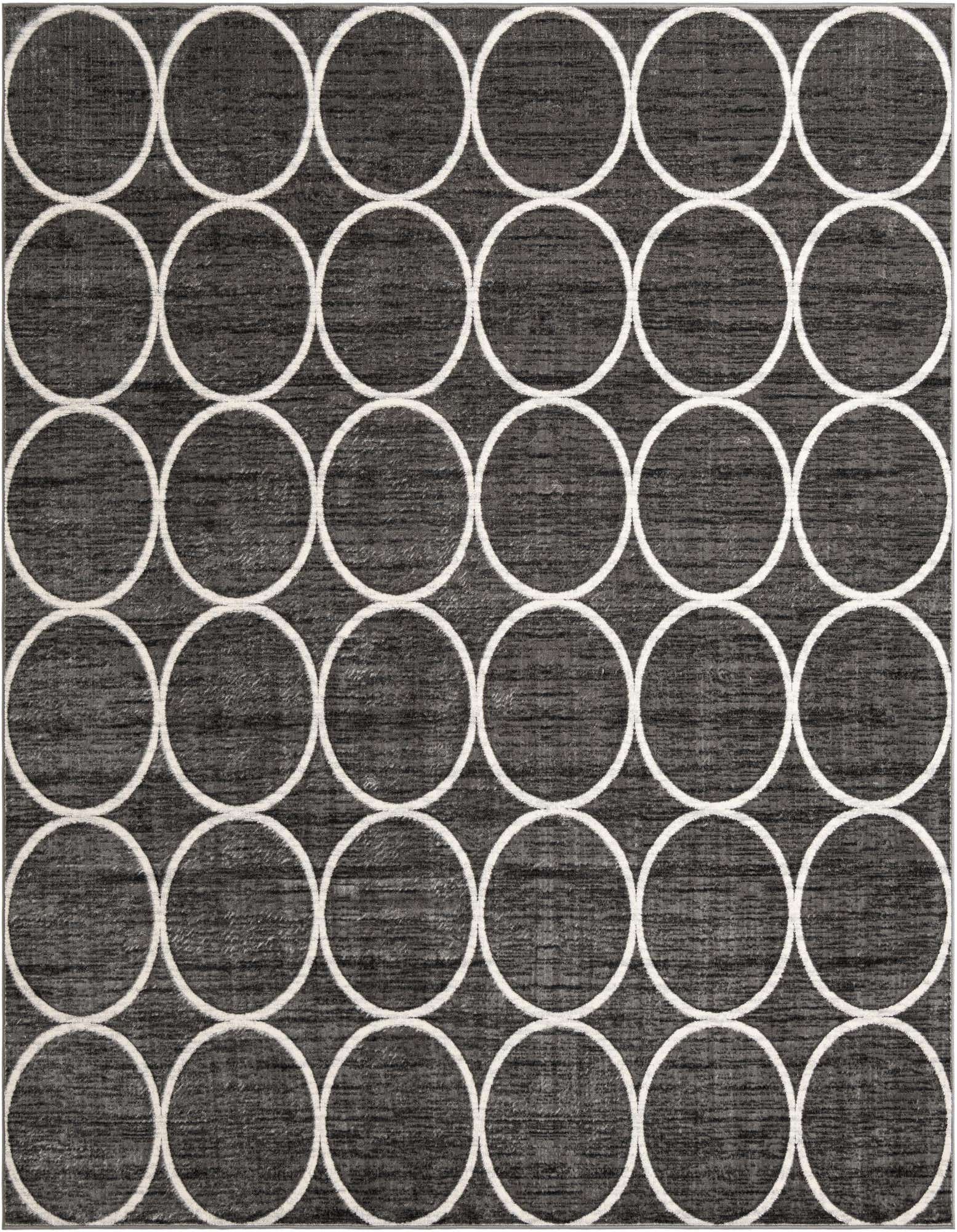 A 10'x10' square gray modern rug with a repeating pattern of white interlocking circles, suitable for an indoor living space.