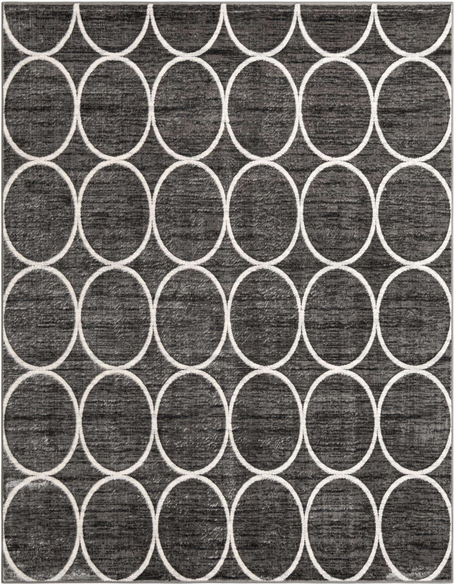 A 7' 10 x 7' 10 square gray modern rug with a repeating pattern of large white circles.