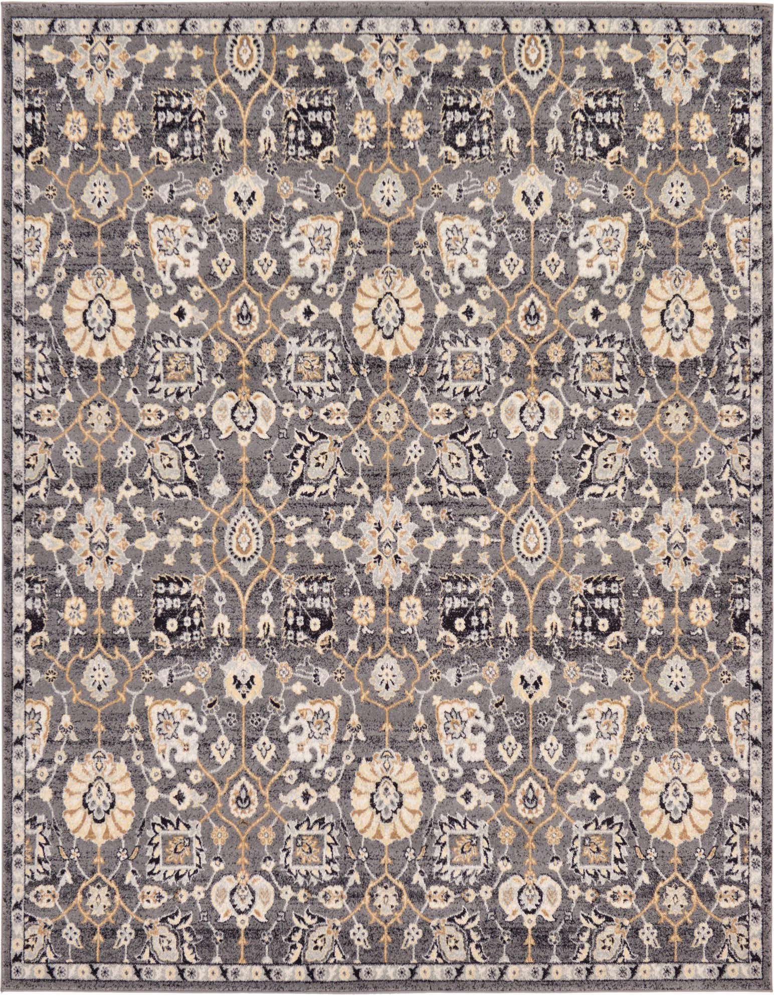 A square 8' 4 x 8' 4 gray area rug with a traditional Bohemian floral and Oriental pattern in cream, gold, and black accents.