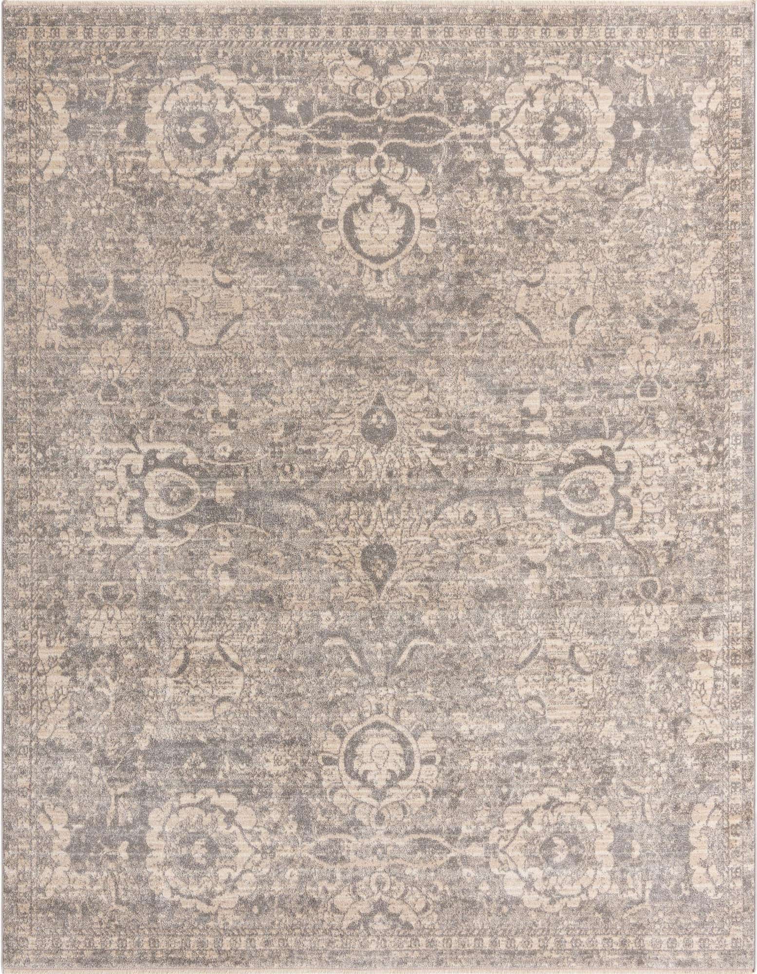 A square 7' 10 x 7' 10 Lola Collection rug from Rugs.com, featuring a distressed gray and silver traditional floral pattern, suitable for indoor use.
