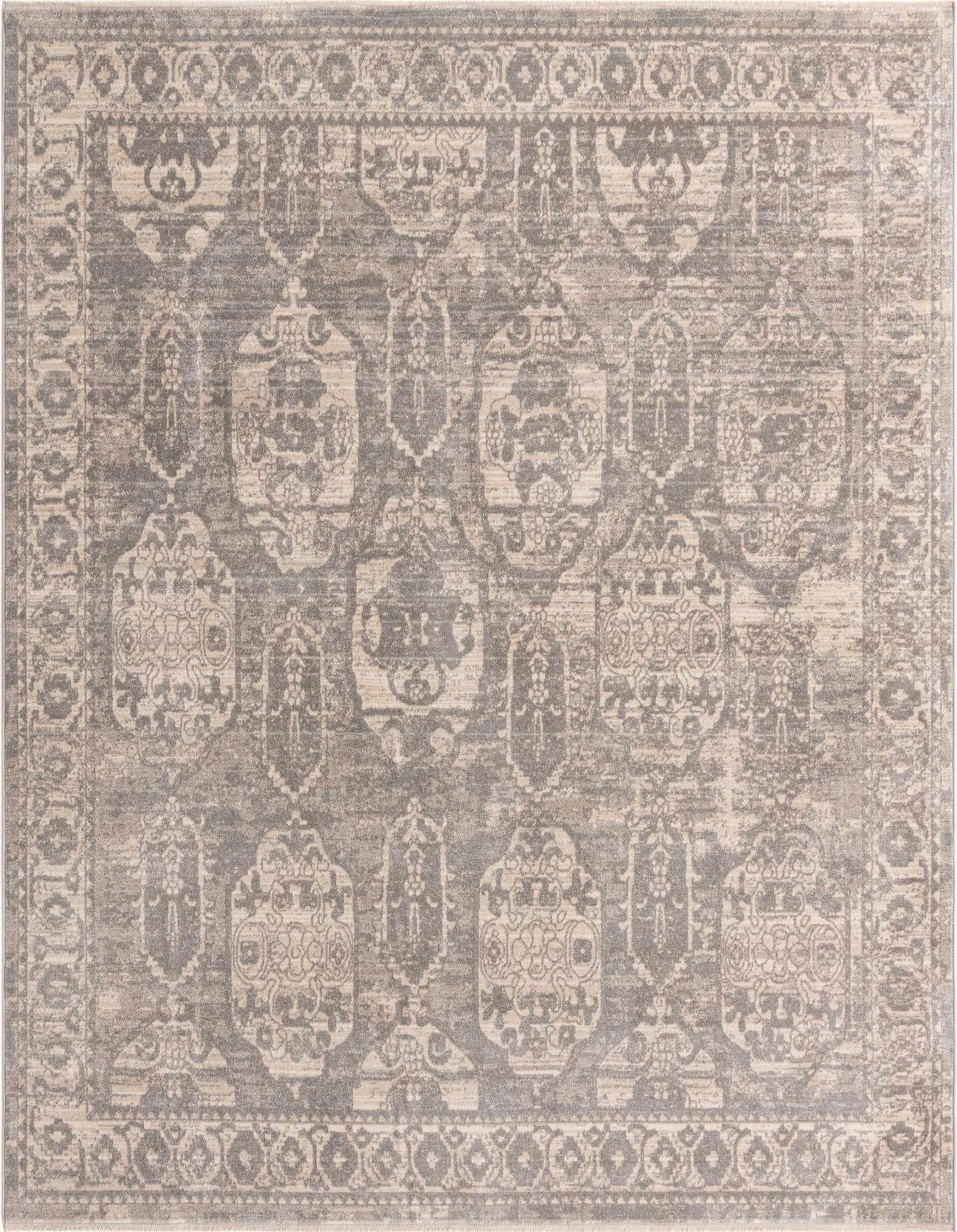 A 7' 10 x 7' 10 square gray area rug with a distressed Bohemian and Oriental pattern, featuring lighter gray medallions and a matching border.