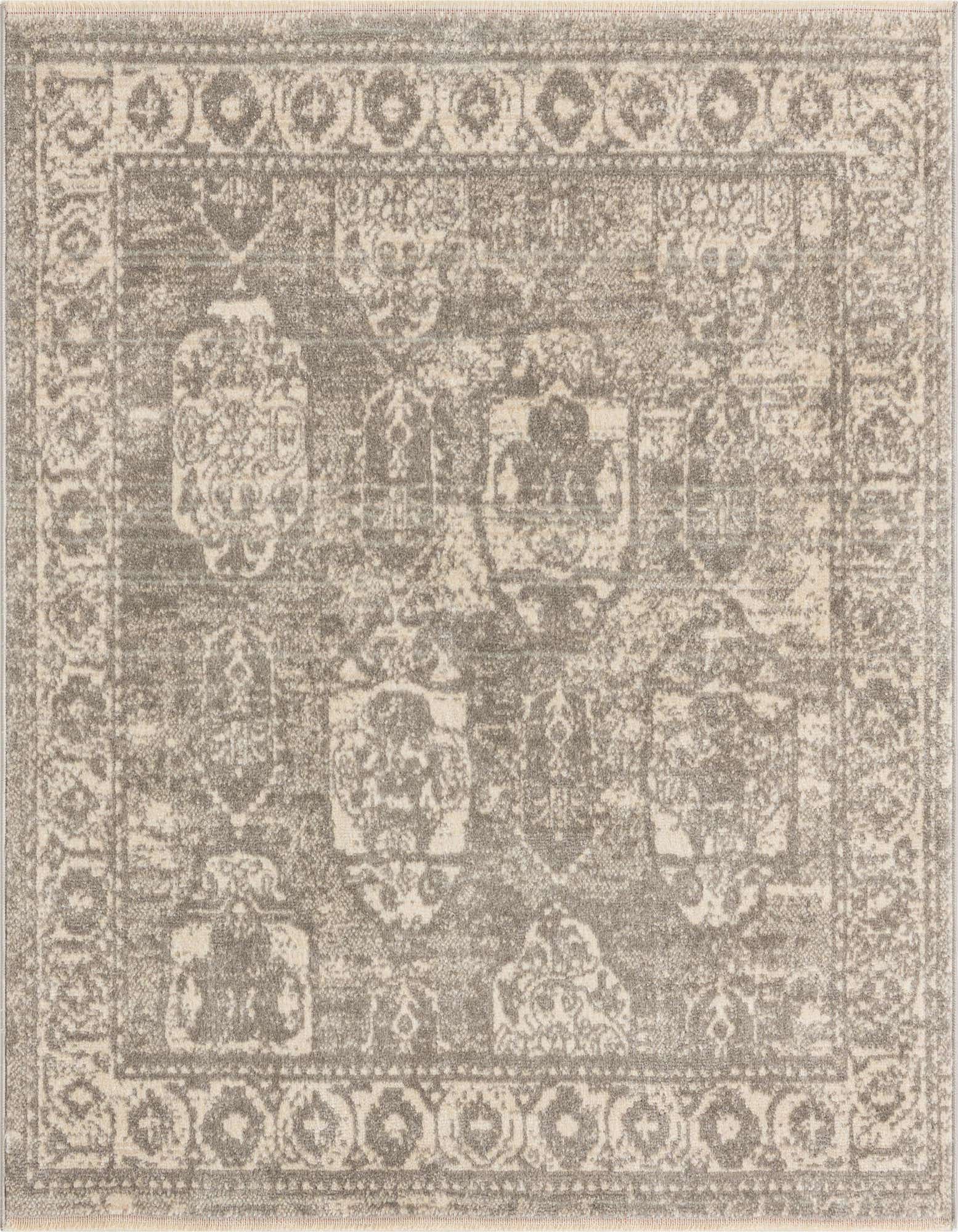 A square 4'x4' Lola Collection rug by Rugs.com, featuring a distressed gray and ivory Bohemian-Traditional pattern.