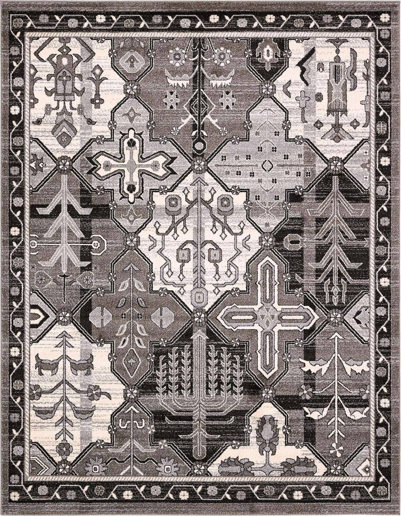 A square Rugs.com Miranda rug featuring a complex bohemian and traditional pattern in shades of gray, silver, and off-white.
