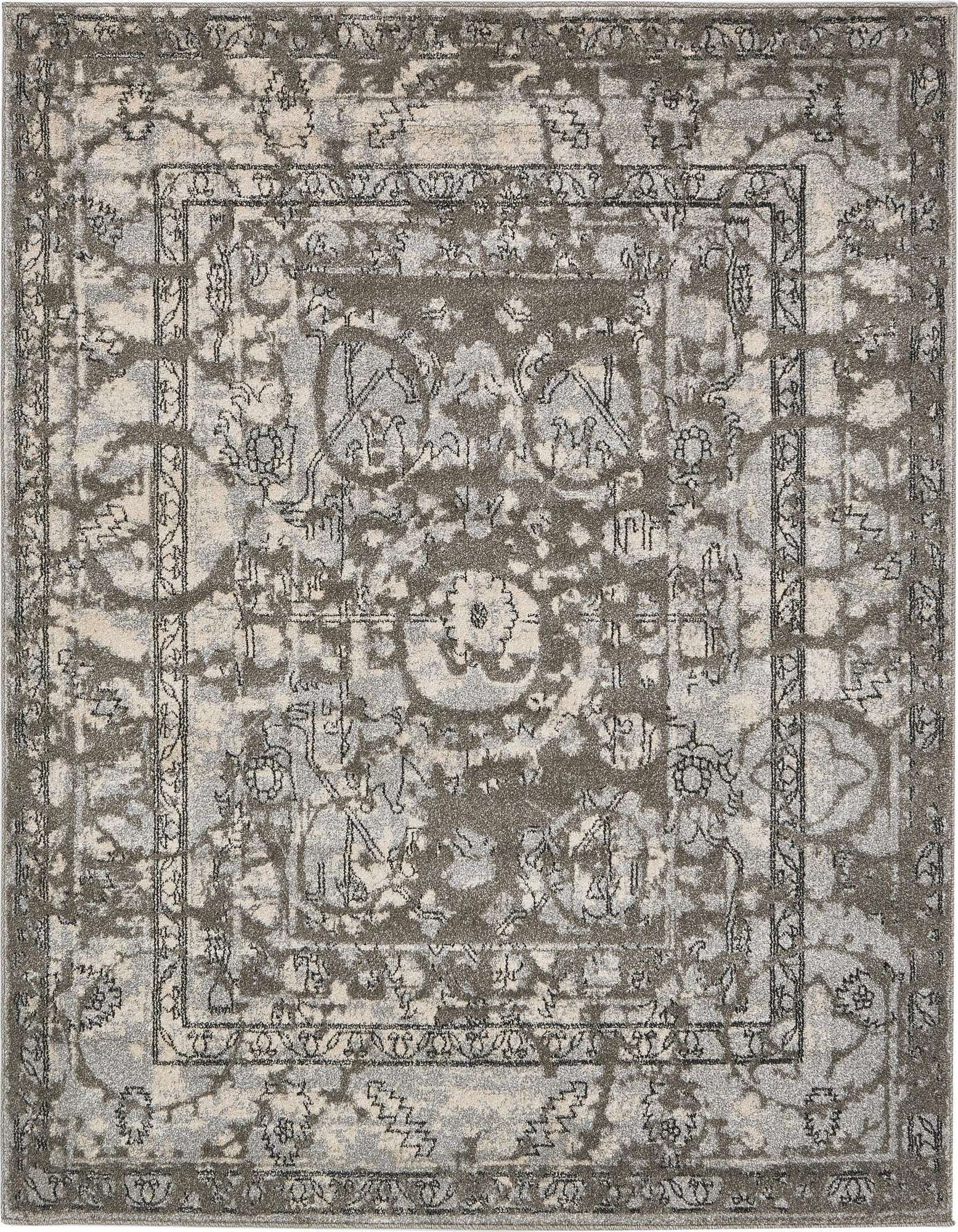 A 6x6 square gray area rug with a distressed traditional medallion and botanical pattern, featuring shades of gray and silver.