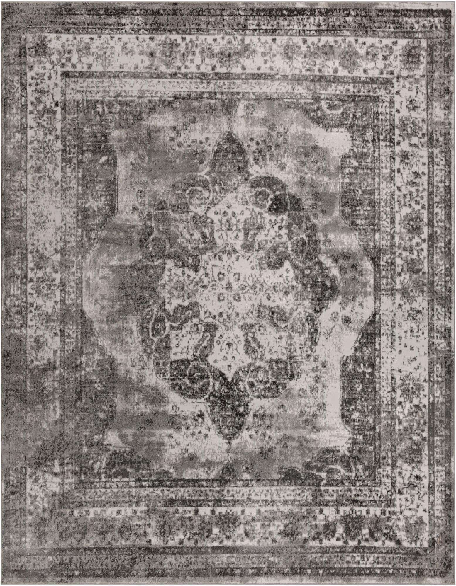 A large 13'1" x 13'1" square gray area rug featuring a distressed traditional medallion pattern and border.
