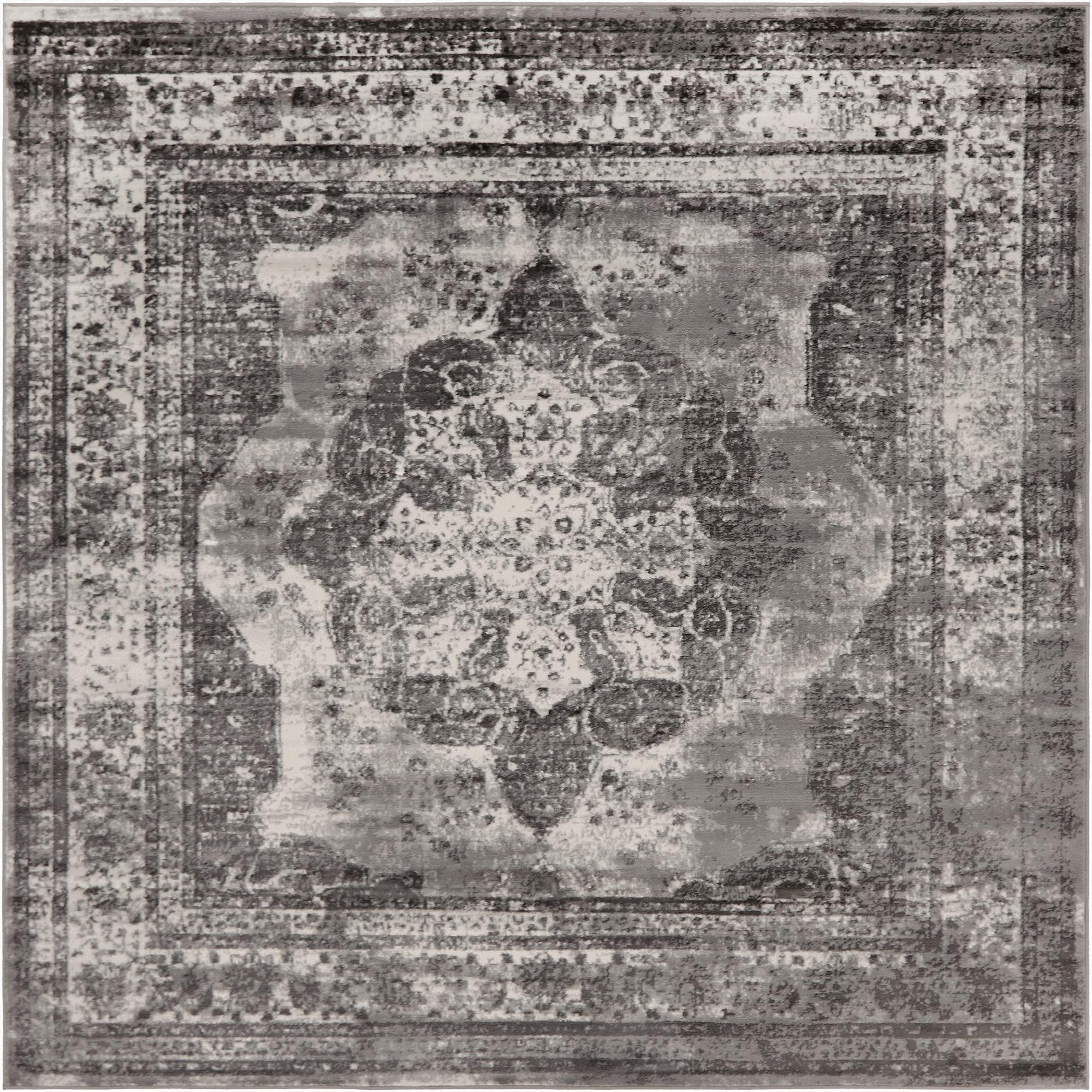 A 7' 10 x 7' 10 square gray area rug featuring a distressed medallion pattern with traditional and bohemian influences.