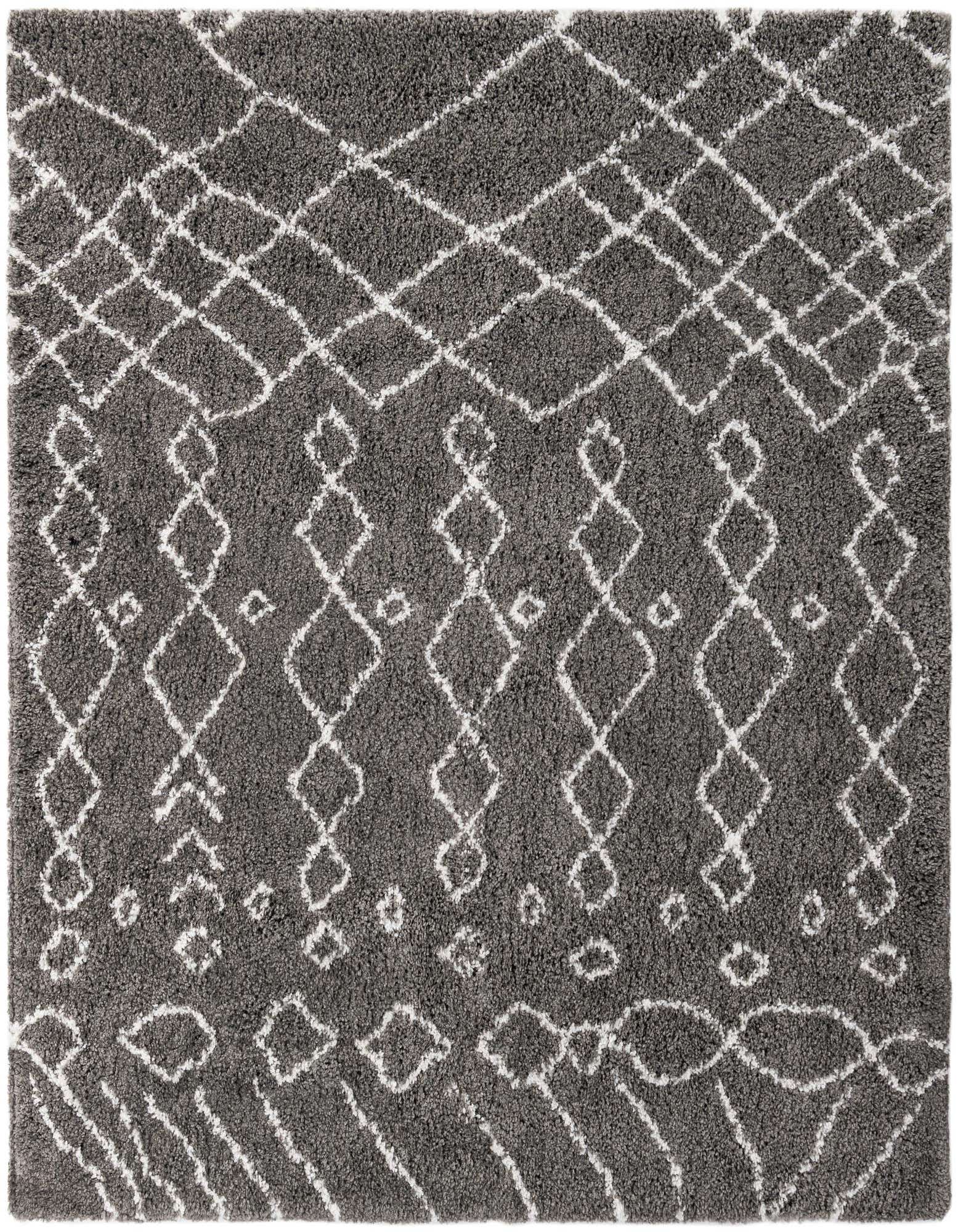 A gray 8'x8' square shag rug featuring an abstract tribal trellis pattern in off-white, perfect for a modern living room.