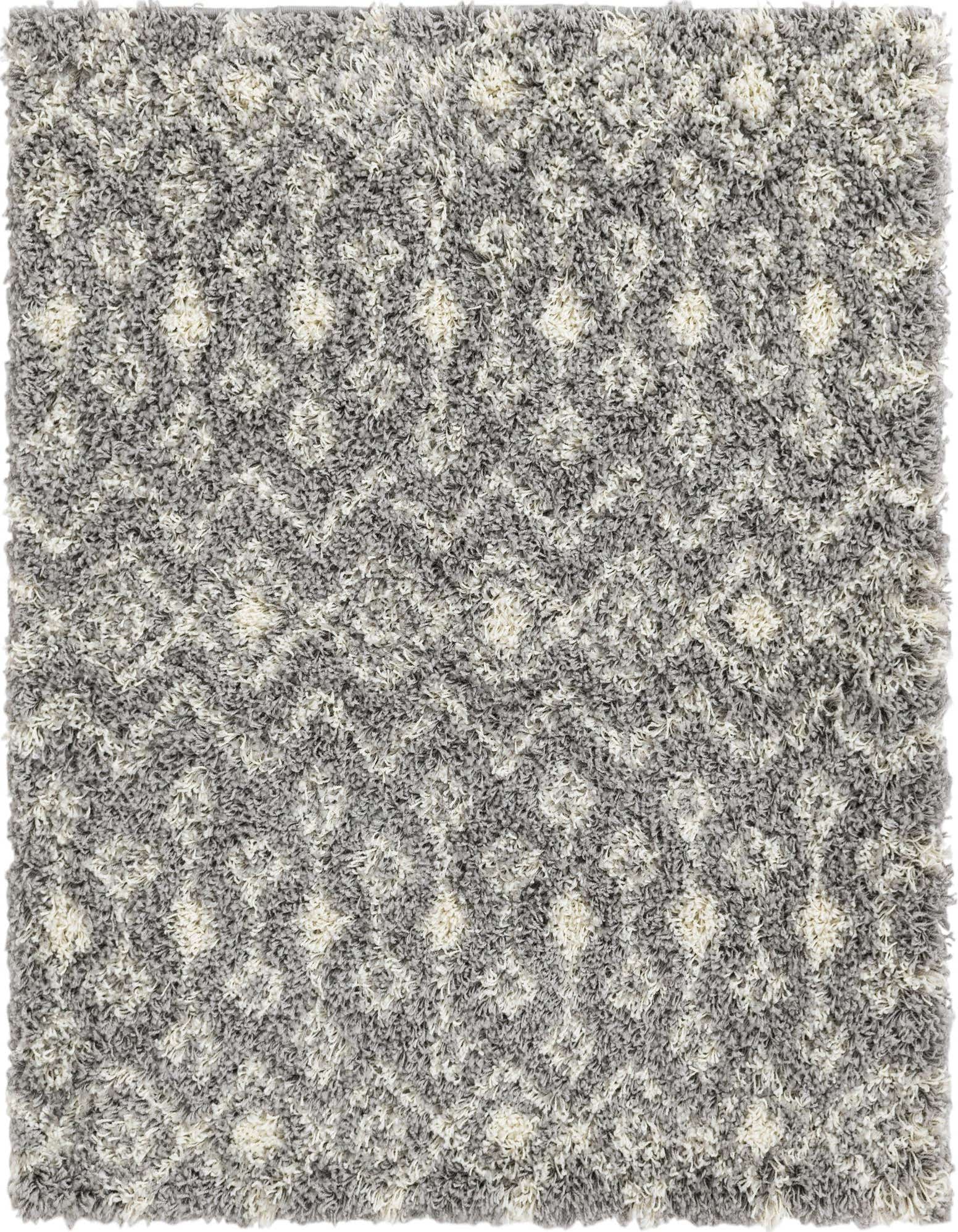 A 4'x4' square gray and silver shag rug with a subtle tribal trellis pattern, offering a soft, textured feel.