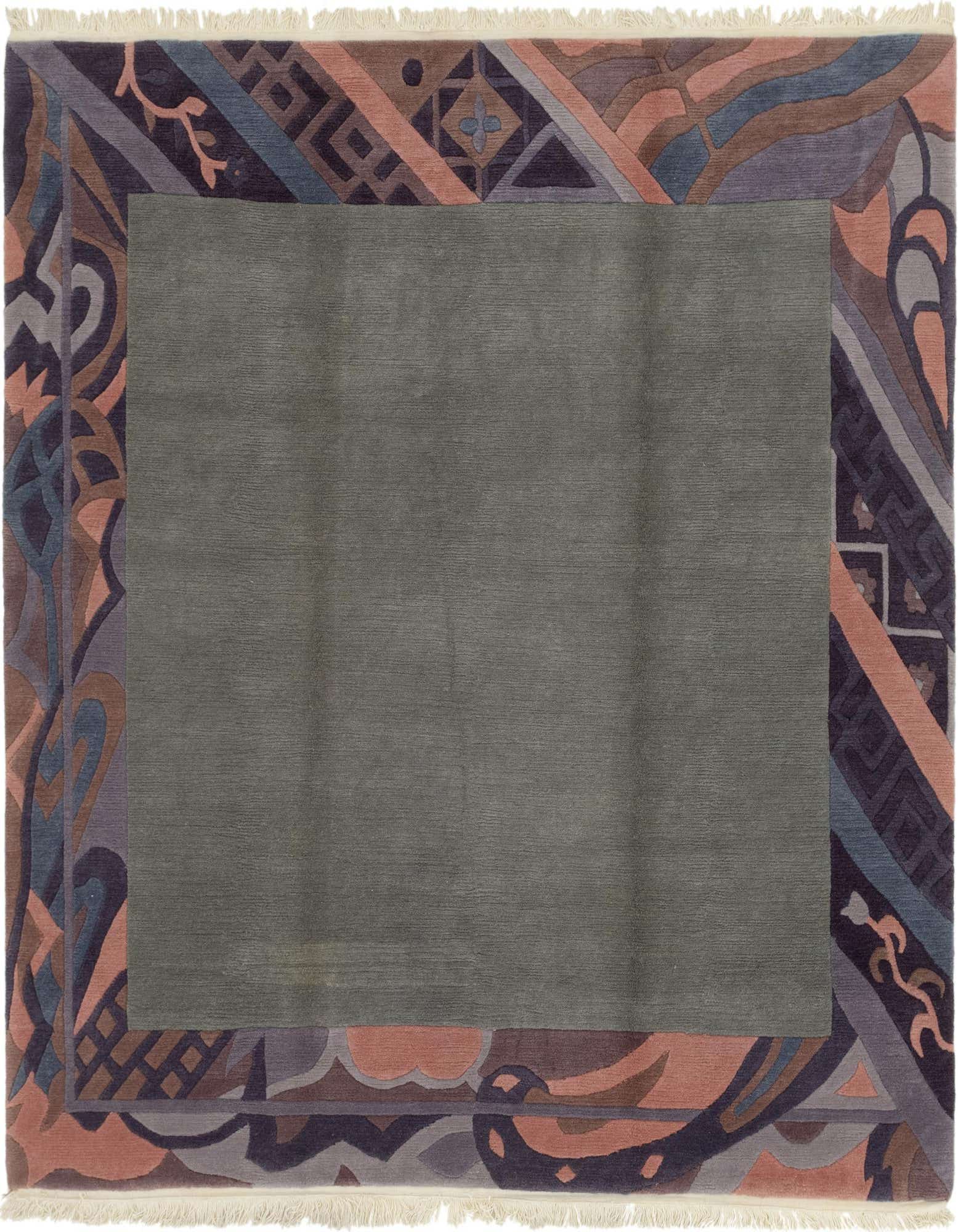 A square 8' 2 x 8' 4 gray wool rug with a wide, multi-colored abstract and oriental border, featuring shades of purple, blue, brown, and peach, with fringe.