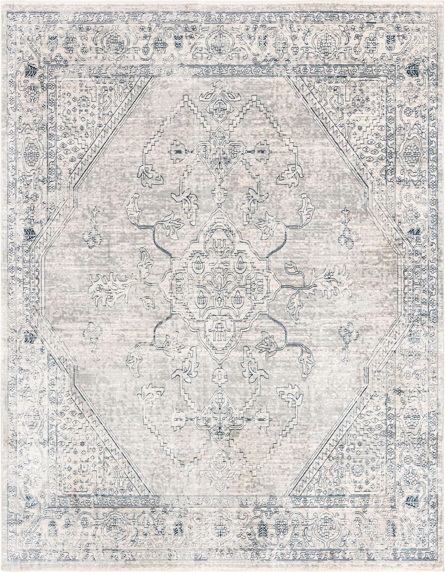 A 10' 2 x 10' 2 square gray traditional rug with a distressed tribal medallion pattern in varying shades of gray and silver.