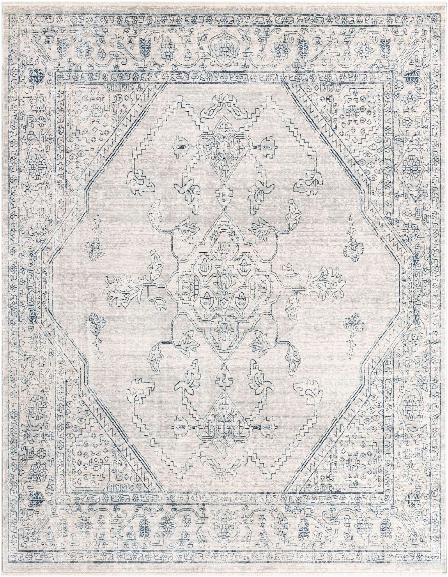 A square 8' x 8' gray area rug with a faded traditional medallion and tribal pattern in light blue, suitable for an indoor living space.
