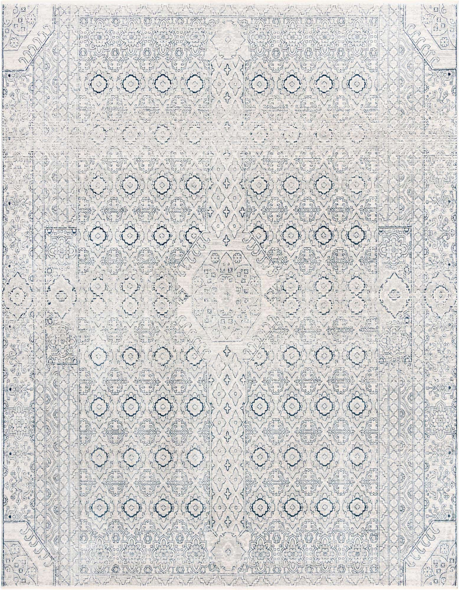 A 10' 2 x 10' 2 square gray polypropylene rug with a distressed traditional medallion and tribal pattern.