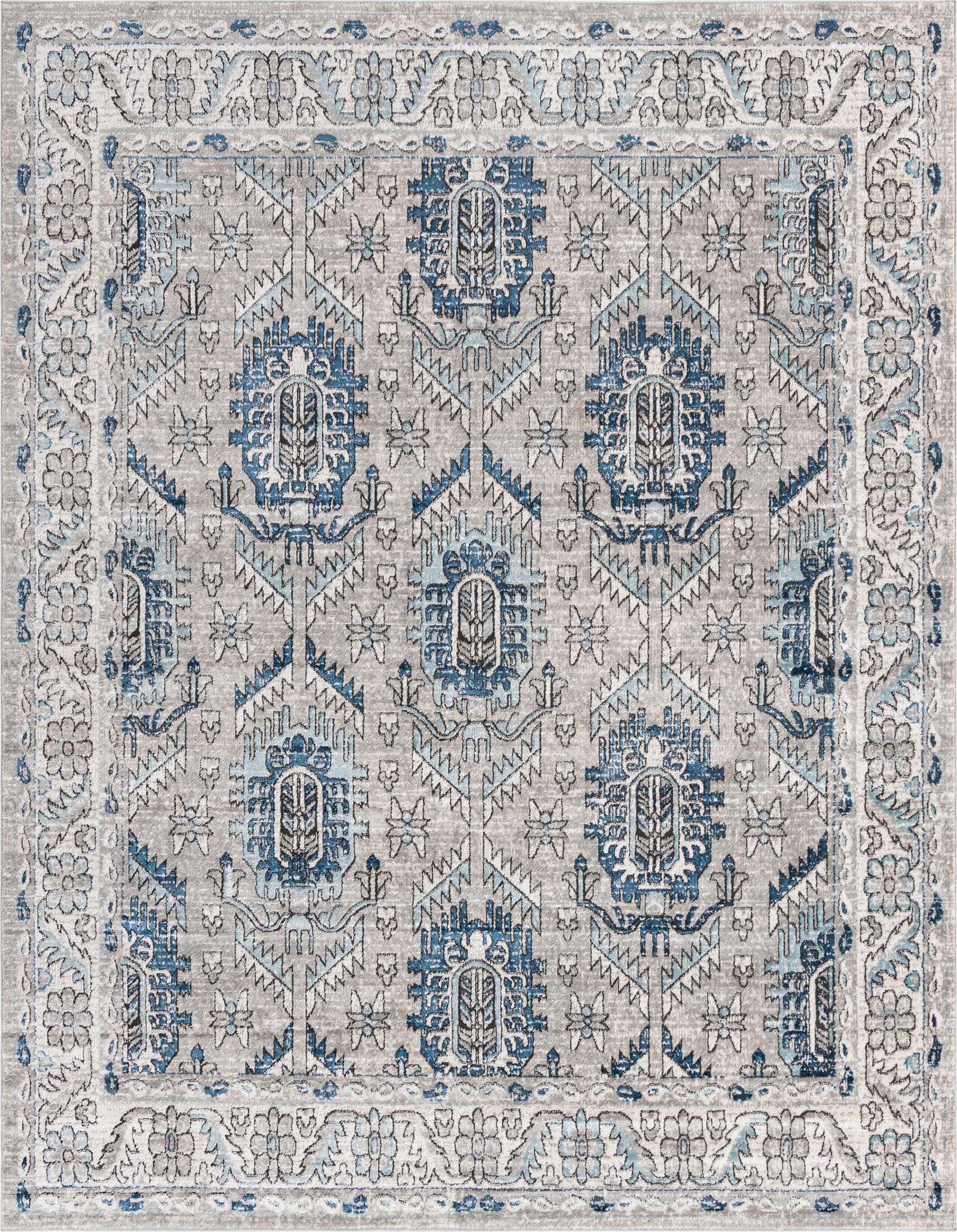 A 10' square gray area rug with a traditional medallion pattern in varying shades of blue and silver, featuring a textured high-low pile.