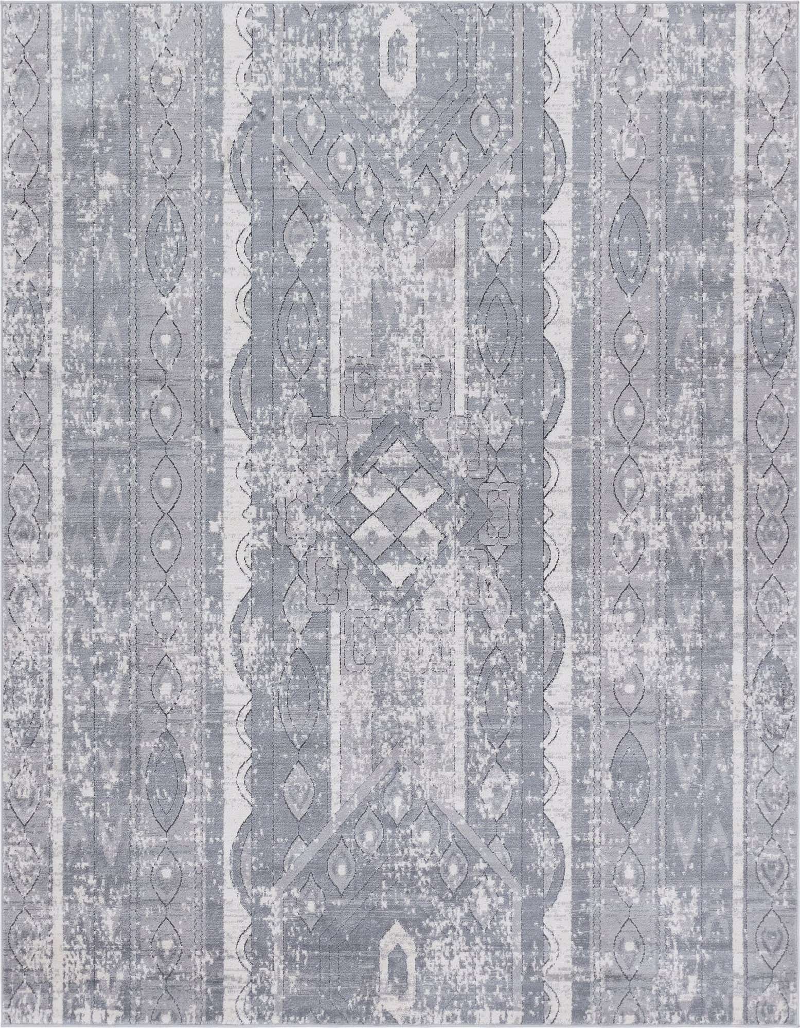 A 7' 10 x 7' 10 square gray area rug with a distressed Bohemian and tribal stripe pattern, featuring various geometric shapes and textures.