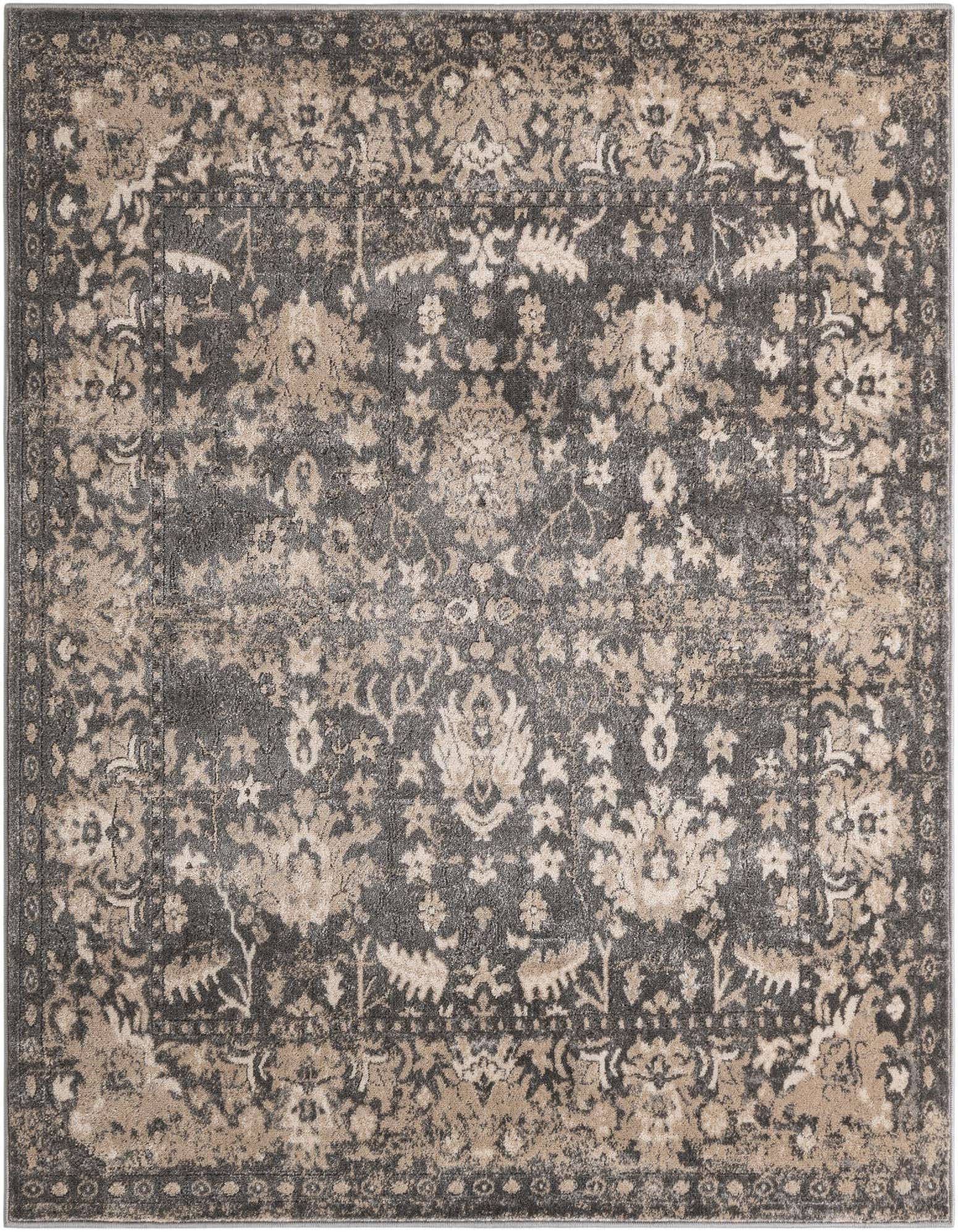 A 6'x6' square gray and beige shabby-chic rug with a distressed traditional floral pattern, suitable for an indoor living space.