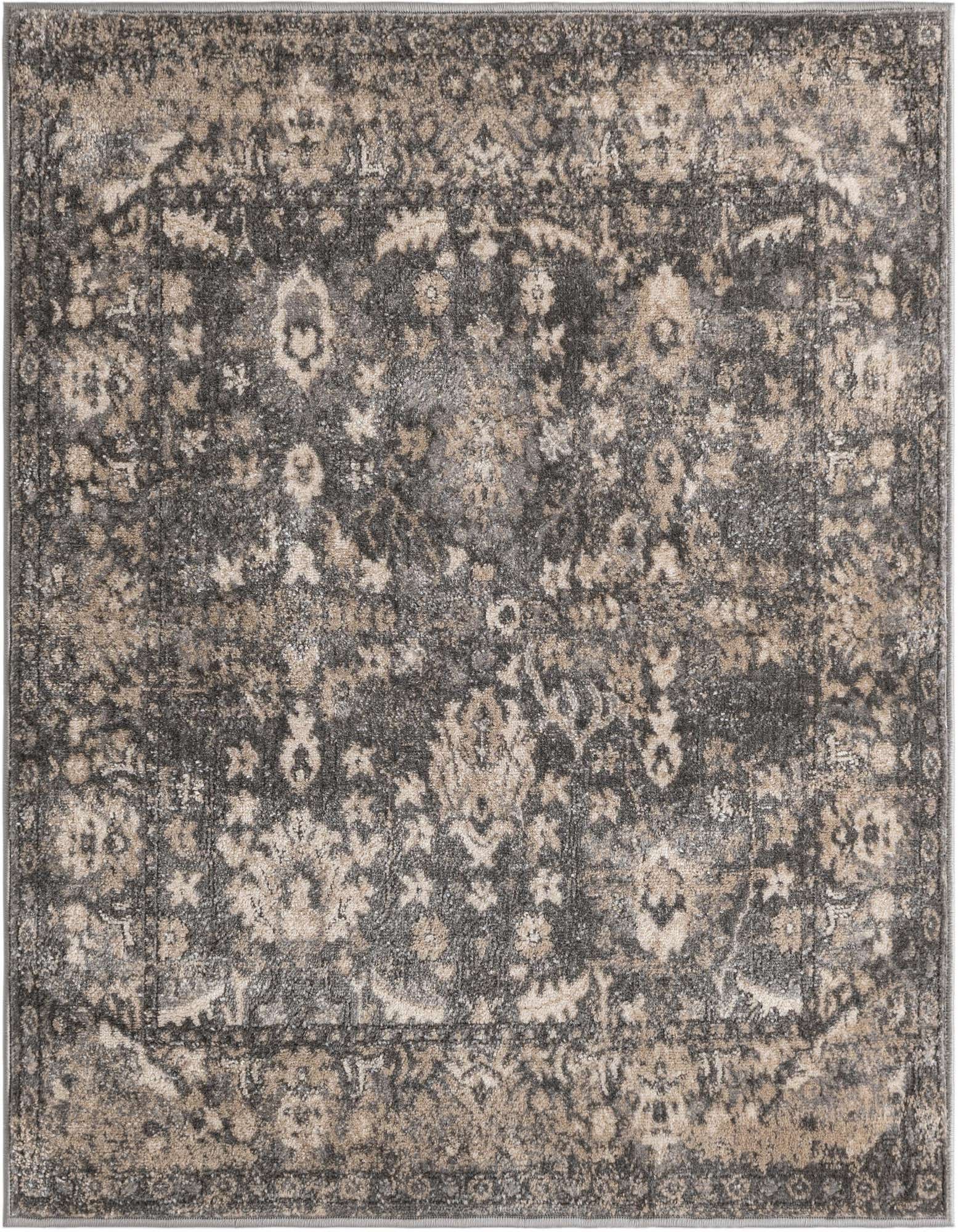A 4x4 square gray shabby-chic area rug with a distressed traditional floral pattern in lighter gray and beige tones.