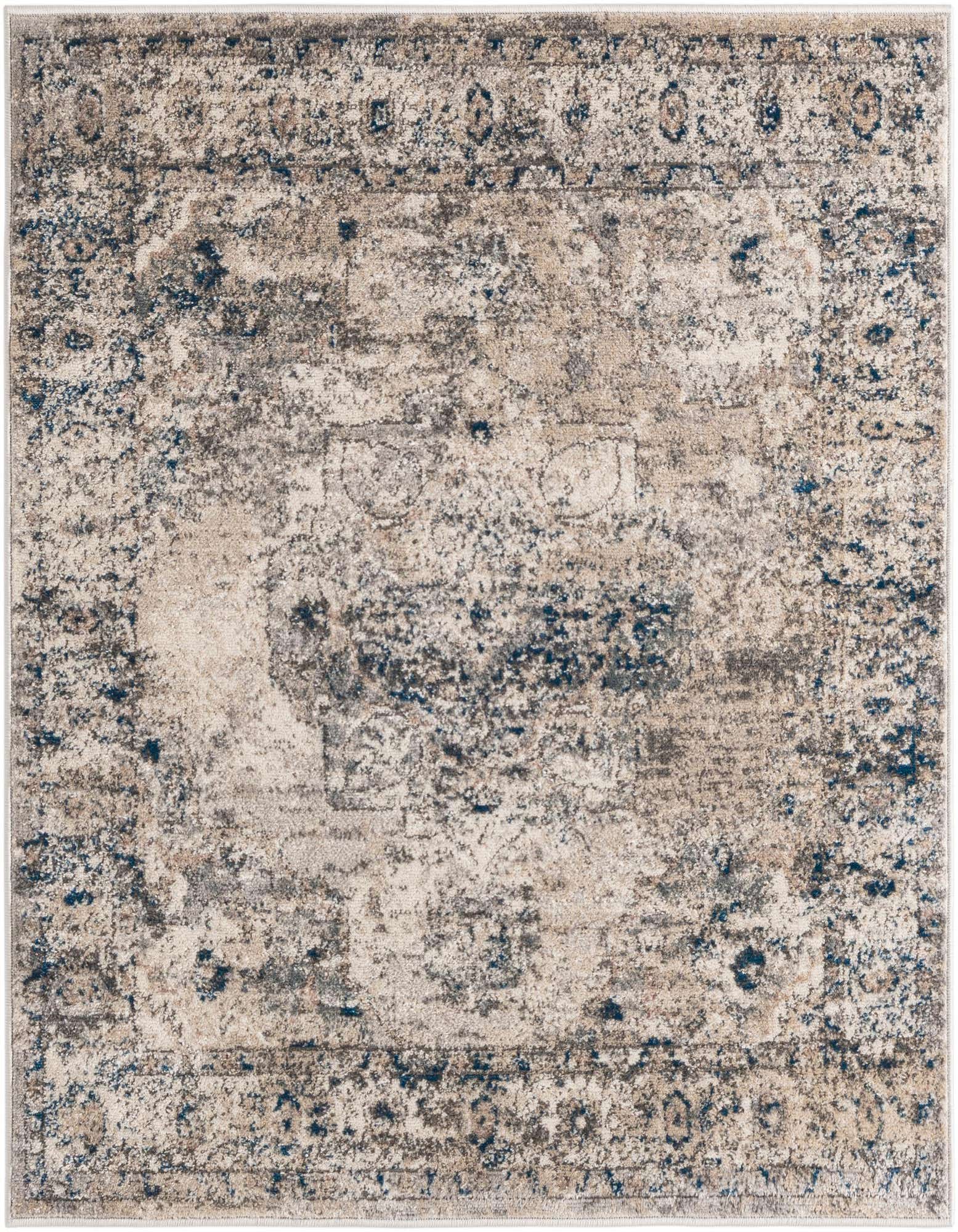A 4'x4' square gray and silver shabby-chic rug with a distressed traditional medallion pattern, ideal for an indoor living space.