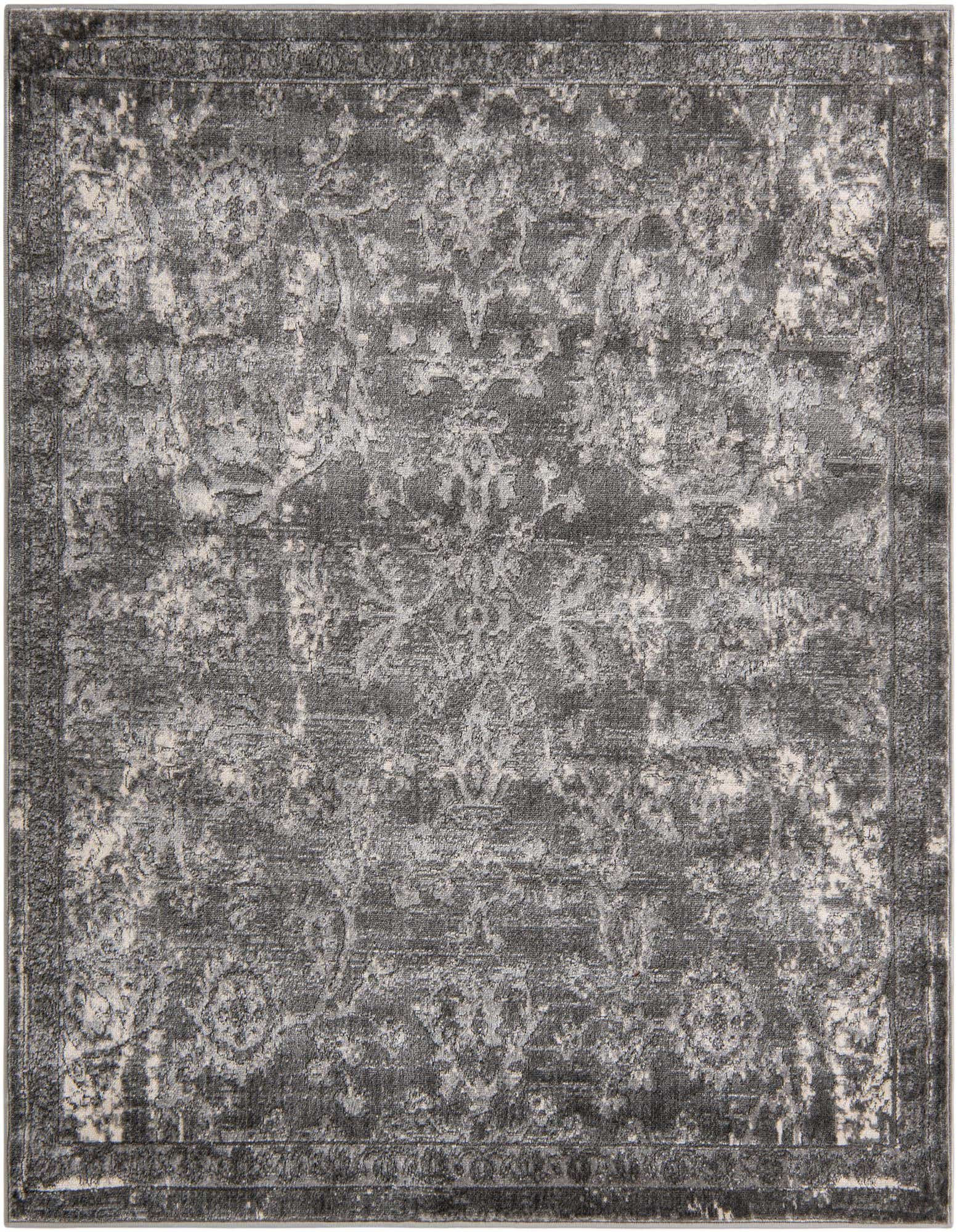 A 6'x6' square gray shabby-chic rug with a distressed botanical pattern and textured pile, suitable for indoor spaces.