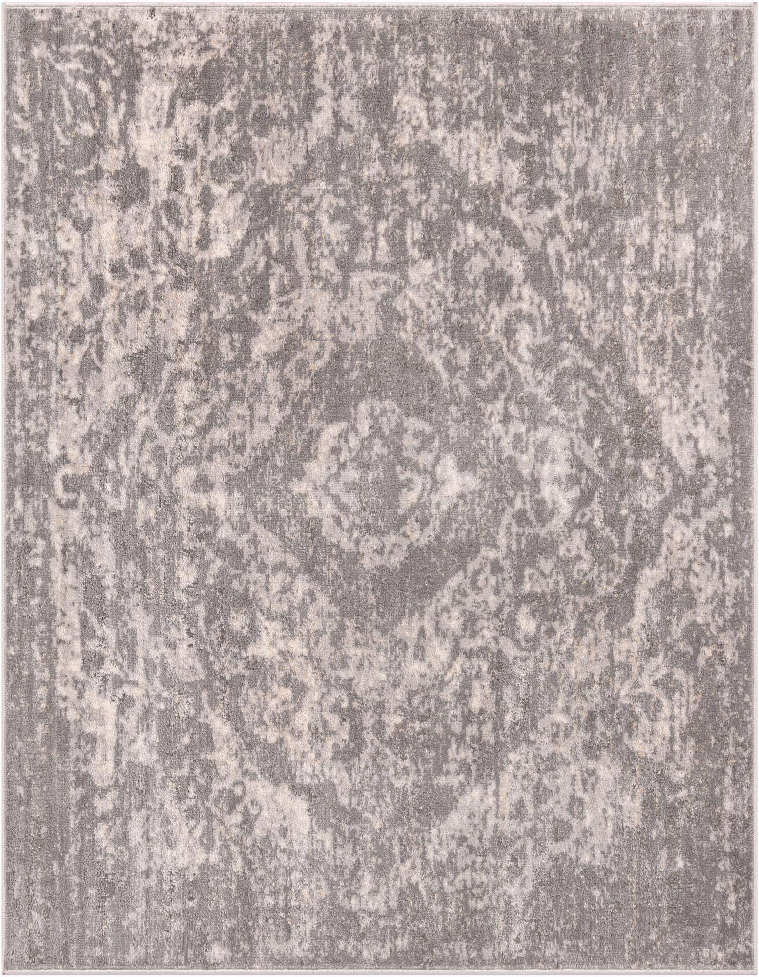 A 6x6 square gray shabby-chic rug with a faded traditional medallion pattern, offering a vintage look.