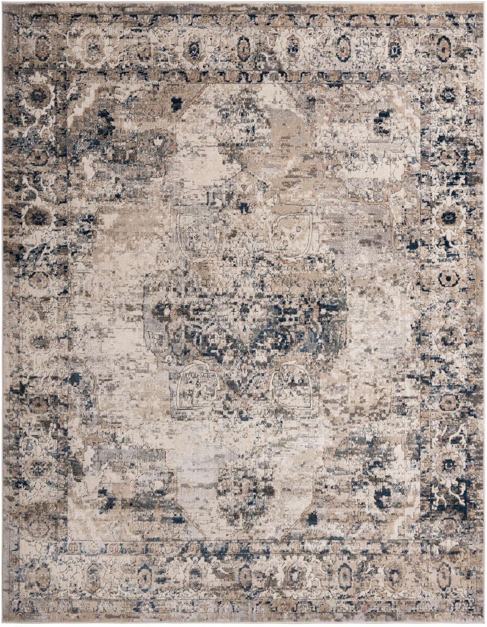 A square 10' 0 x 10' 0 Rugs.com Oregon rug featuring a distressed transitional medallion pattern in shades of gray, silver, and beige.