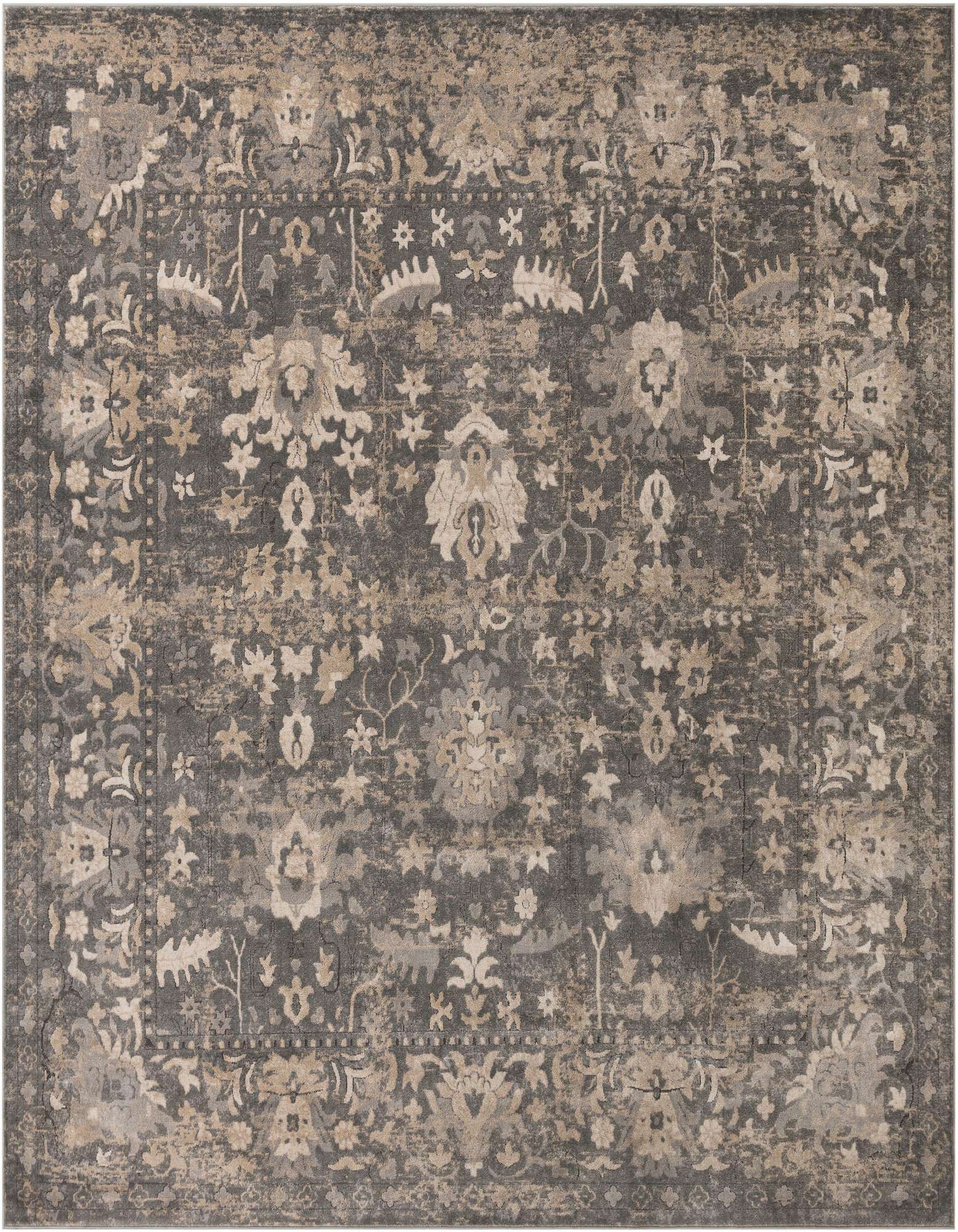 A large 13' 0 x 13' 0 square gray and silver area rug with a distressed traditional floral pattern.