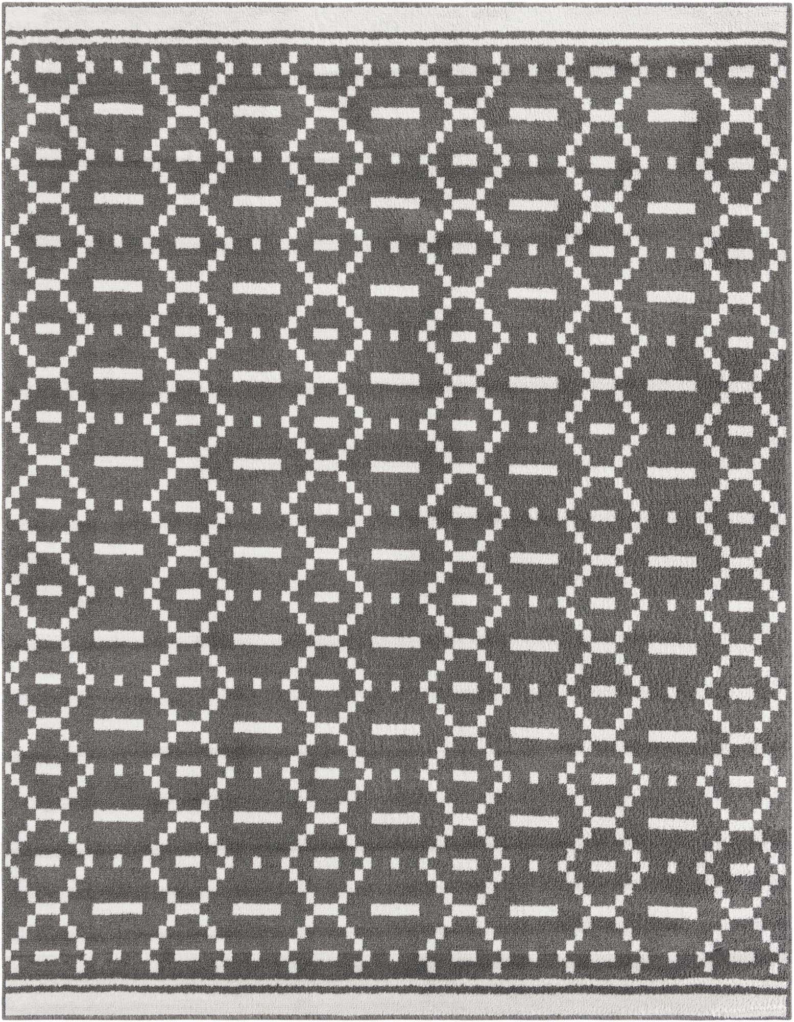 A 7' 10 x 7' 10 square gray modern area rug with a repeating white geometric pattern and a thin white border.