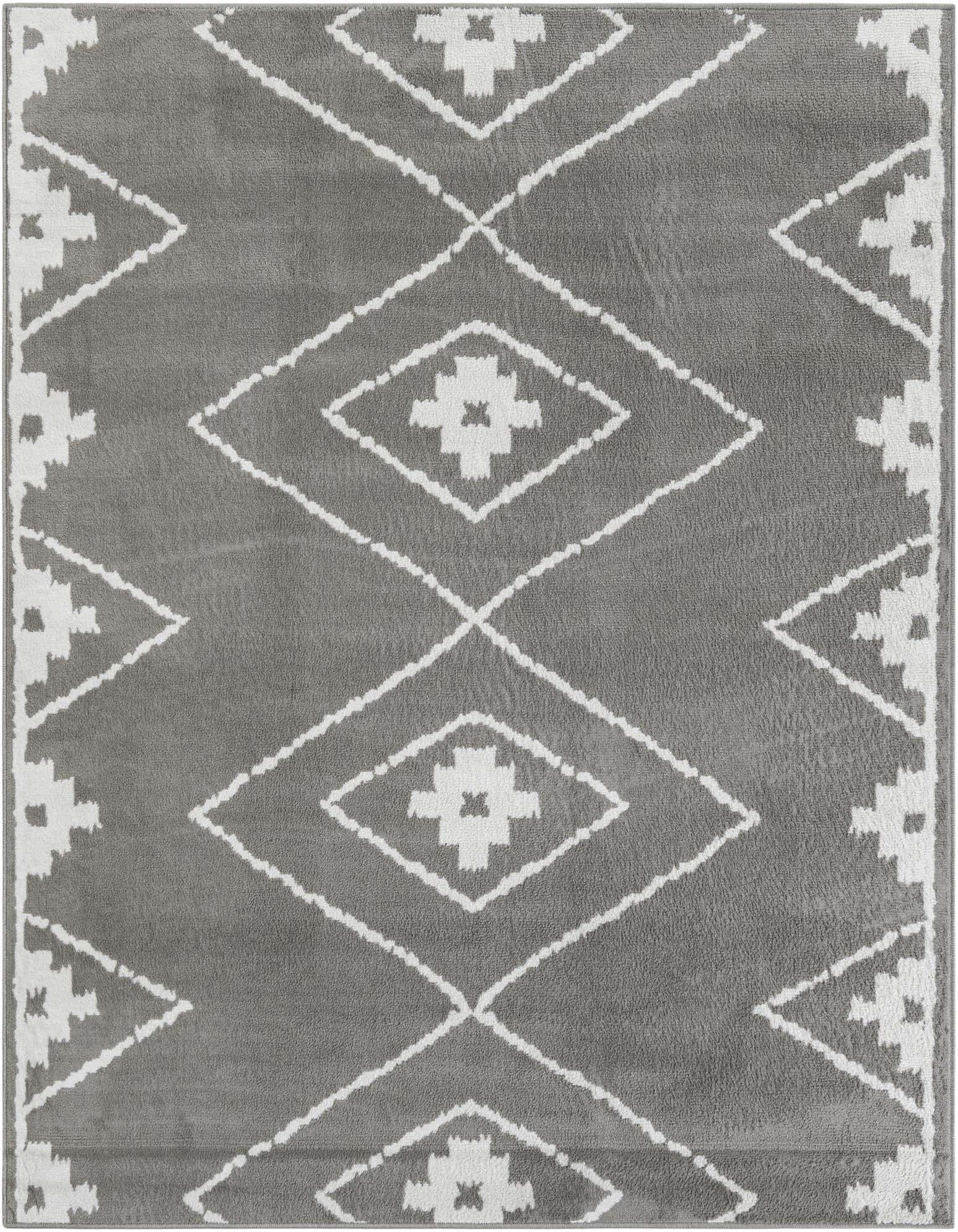 A square 7' 10 x 7' 10 gray modern area rug with a white geometric diamond pattern, suitable for indoor use.