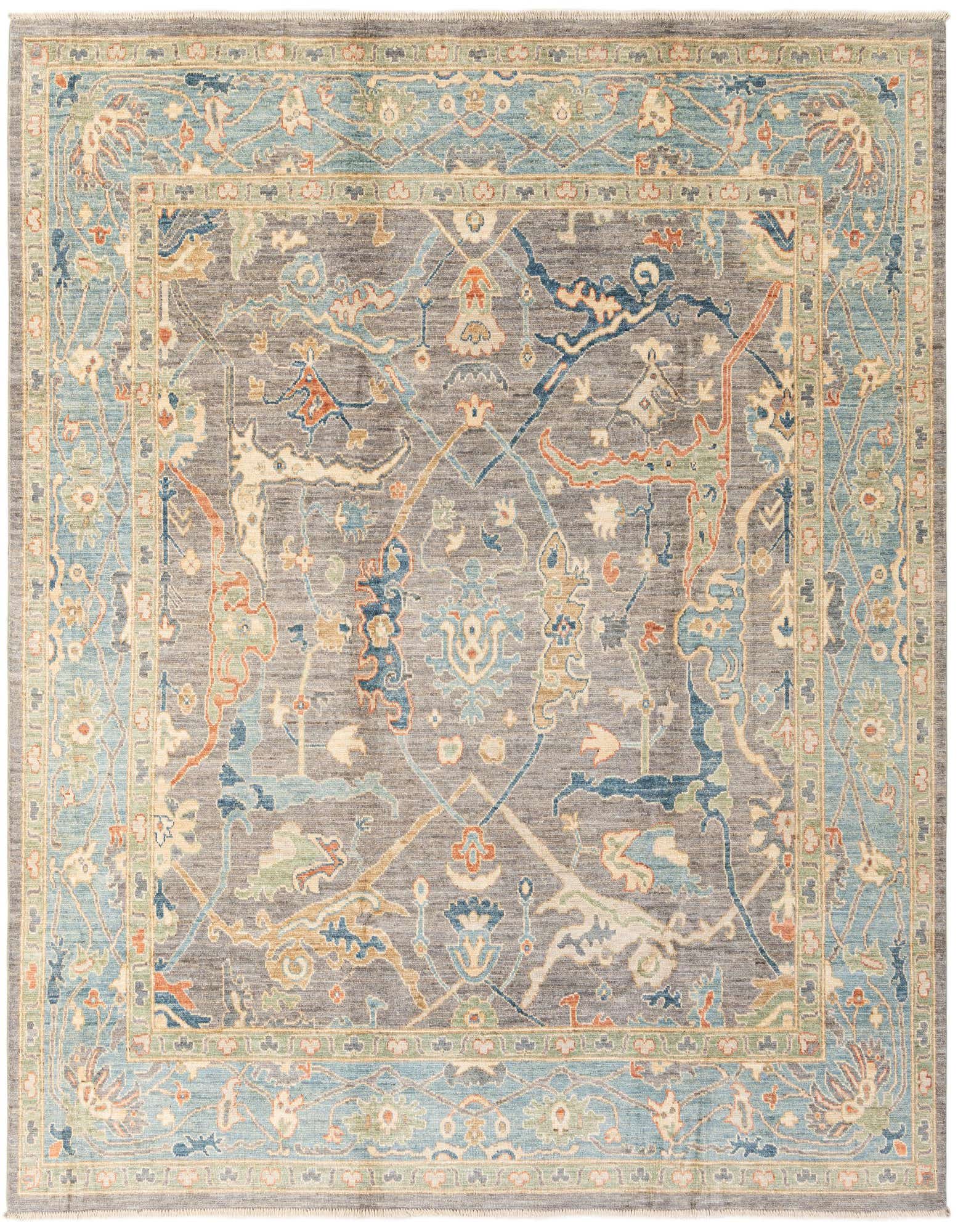 A square 8' 2 x 8' 3 gray Oushak rug with a modern floral pattern and light blue border.