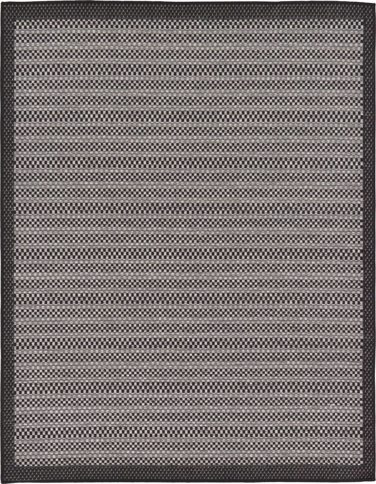 A 6'x6' square gray and silver modern flatweave rug with a solid border, suitable for indoor or outdoor use.